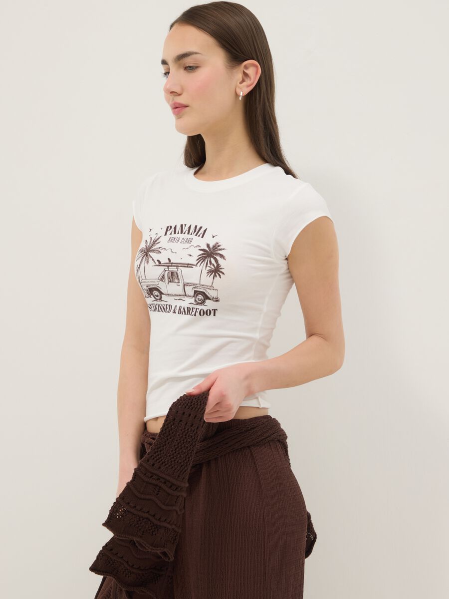 White fitted stretch-cotton T-shirt with print_0