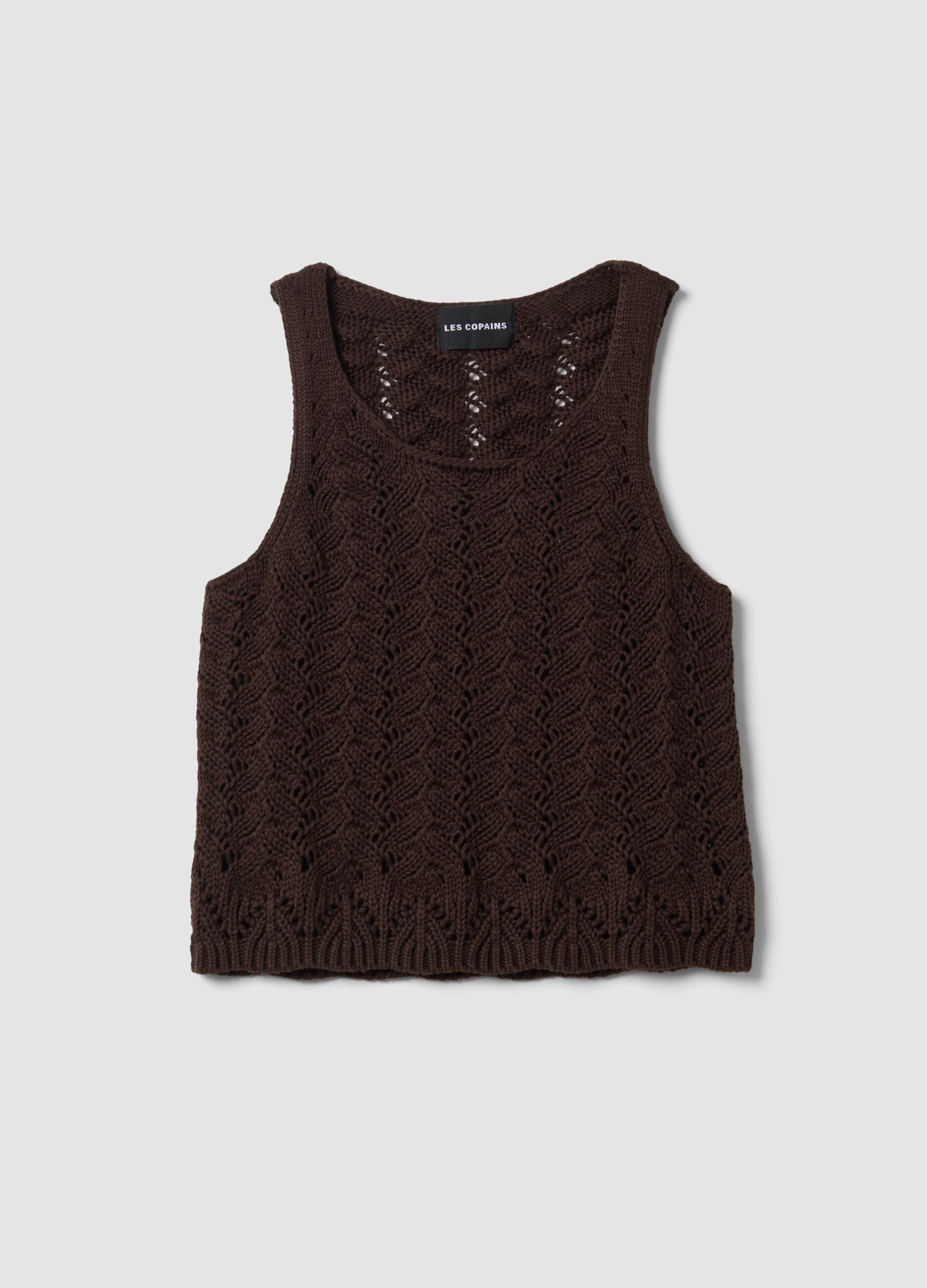 Tank top marrone in crochet di puro cotone