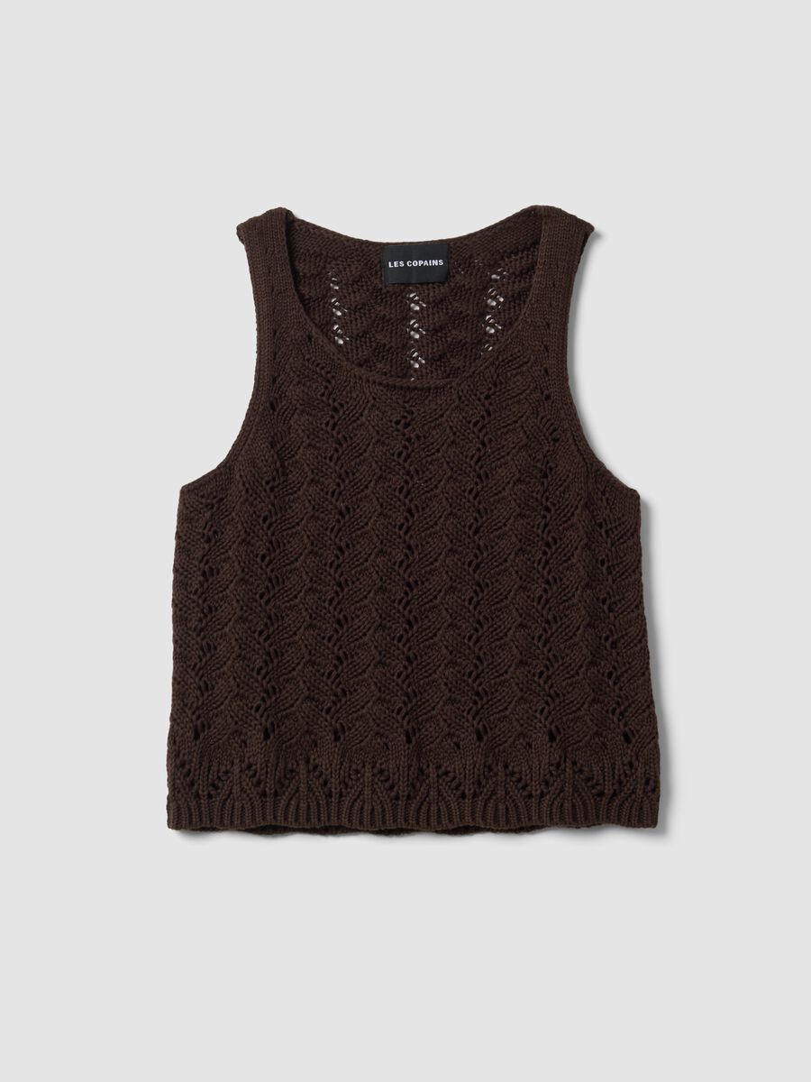 Tank top marrone in crochet di puro cotone_0