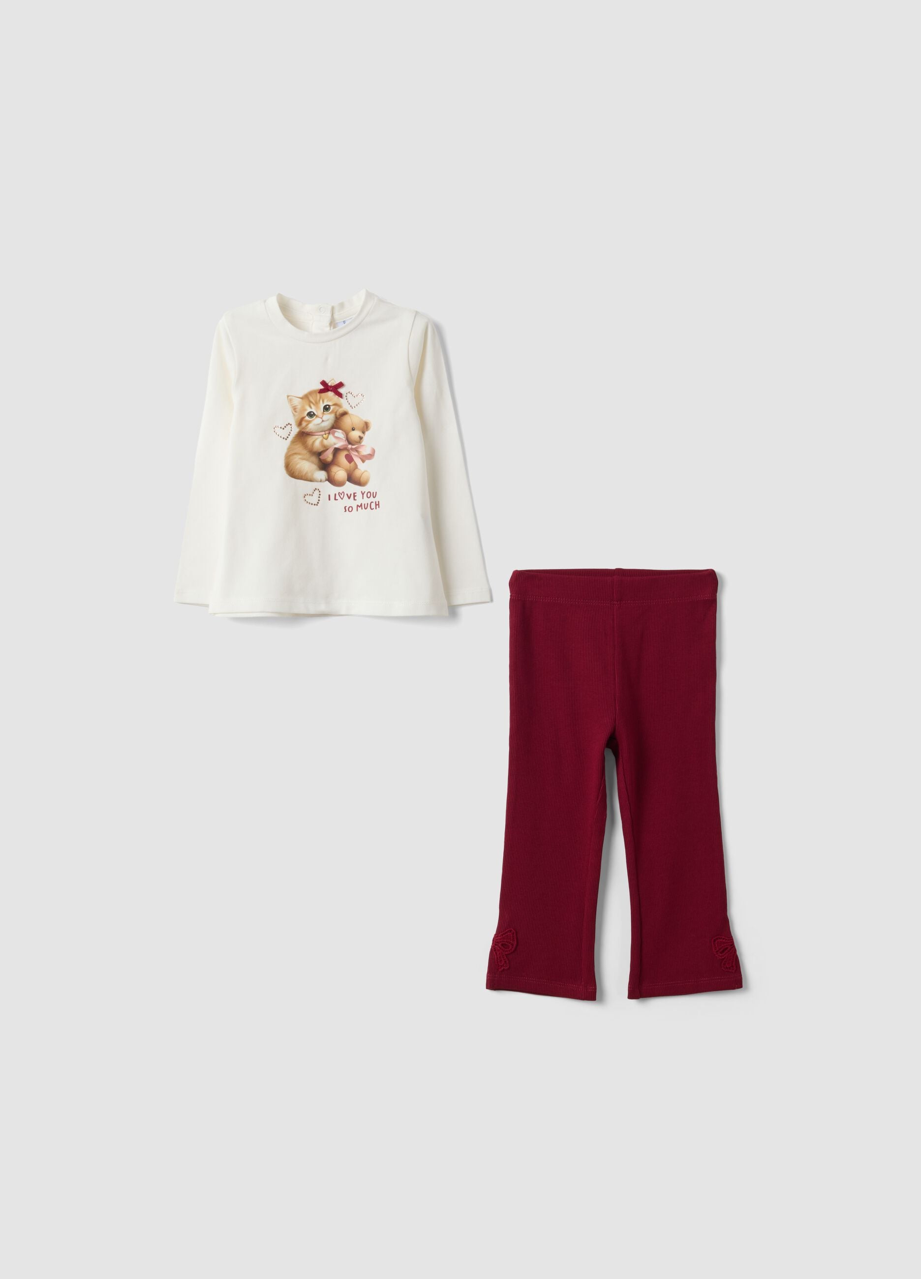 White and red stretch cotton kitten-print set for baby girl