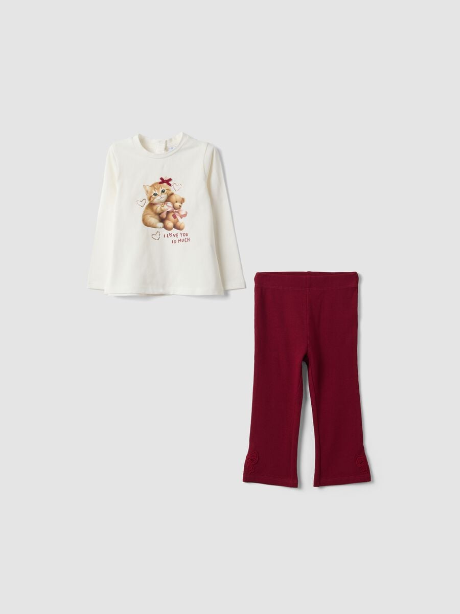 White and red stretch cotton kitten-print set for baby girl_0