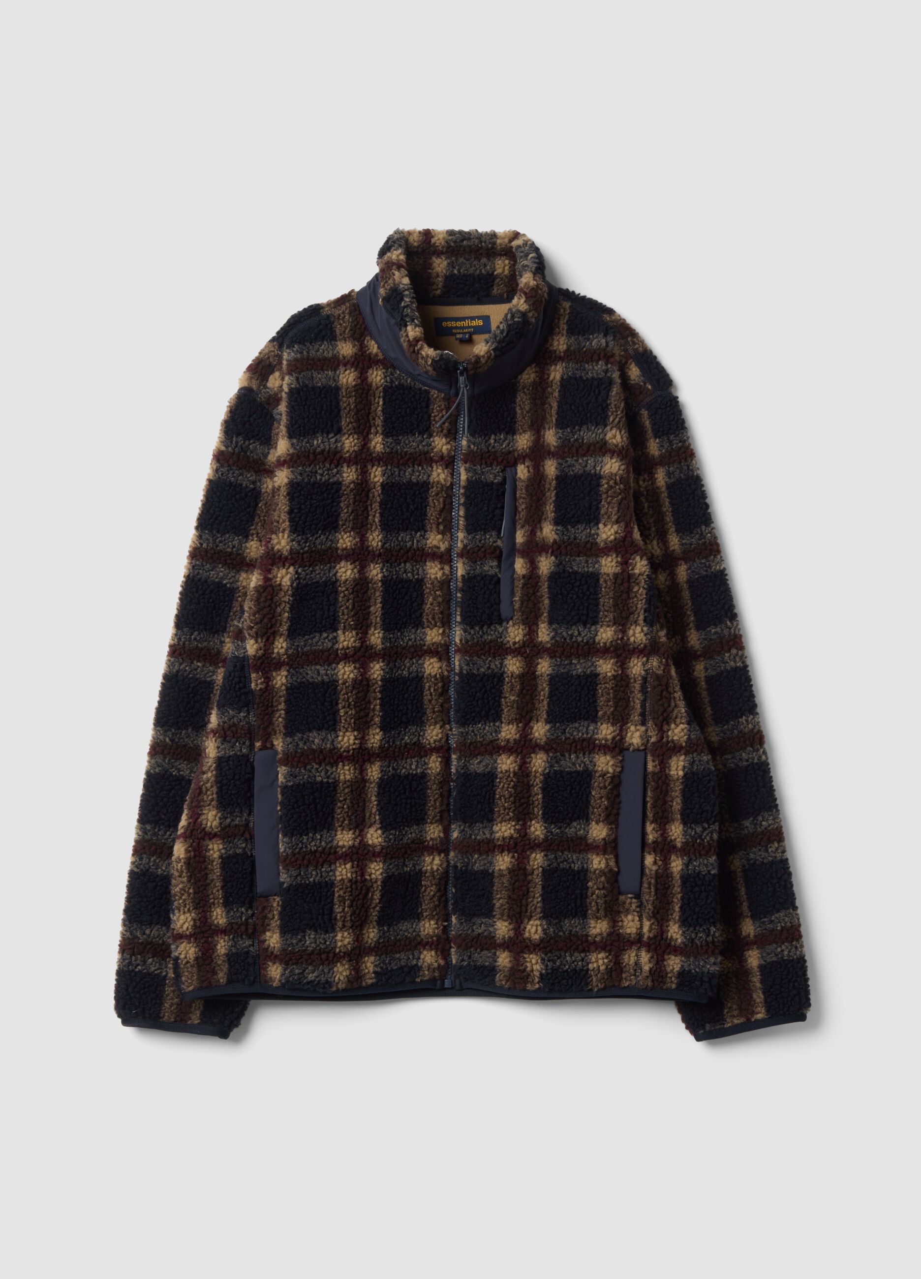 Blue and red checked sherpa-collar sweatshirt, regular fit
