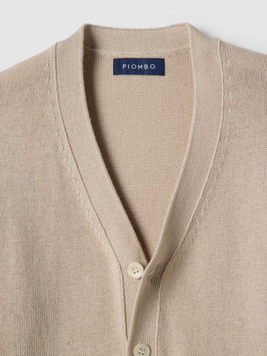 Beige deep V regular fit cotton and linen blend cardigan_5