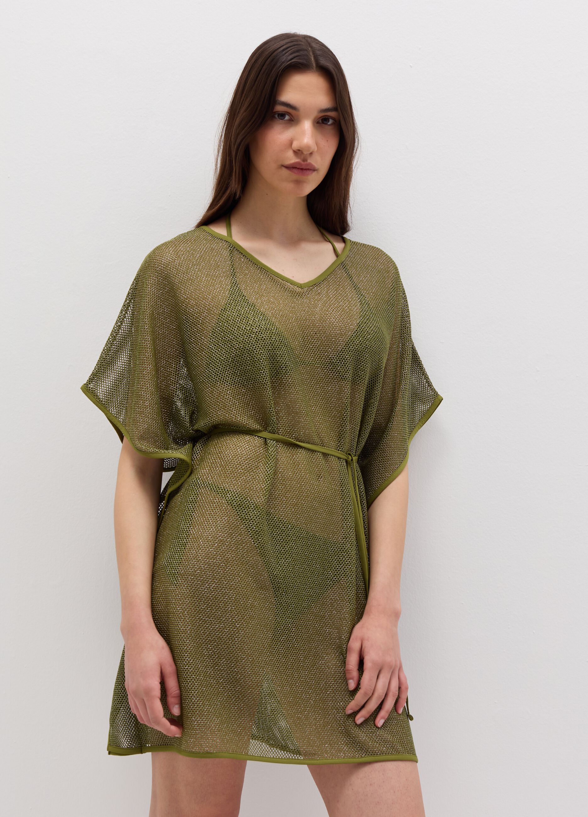 Beach cover-up poncho in lurex mesh