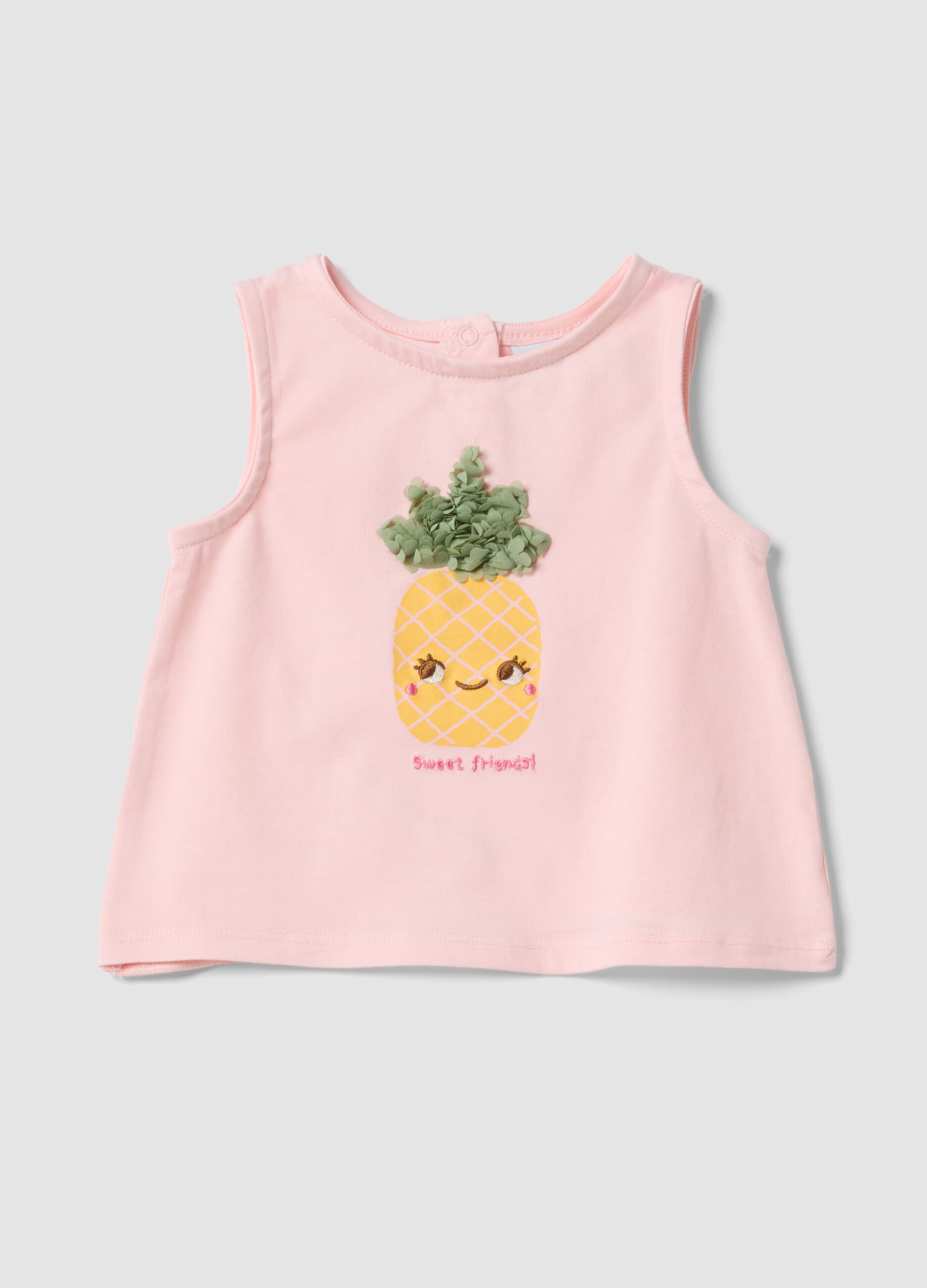 Top rosa justo em algod&atilde;o el&aacute;stico com estampado e aplica&ccedil;&atilde;o para beb&eacute; menina