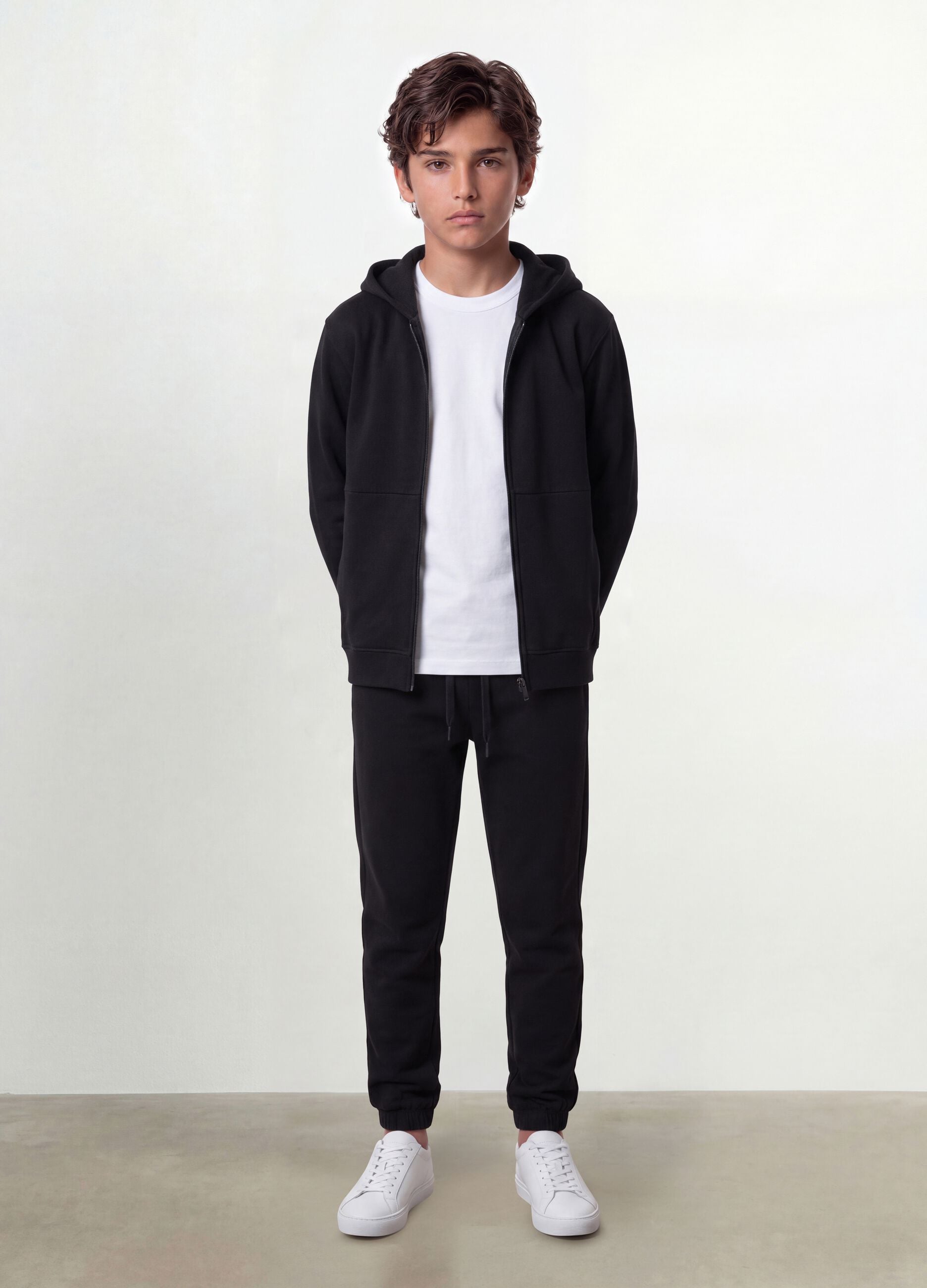 Black organic cotton zip-up hoodie for boys, relaxed fit
