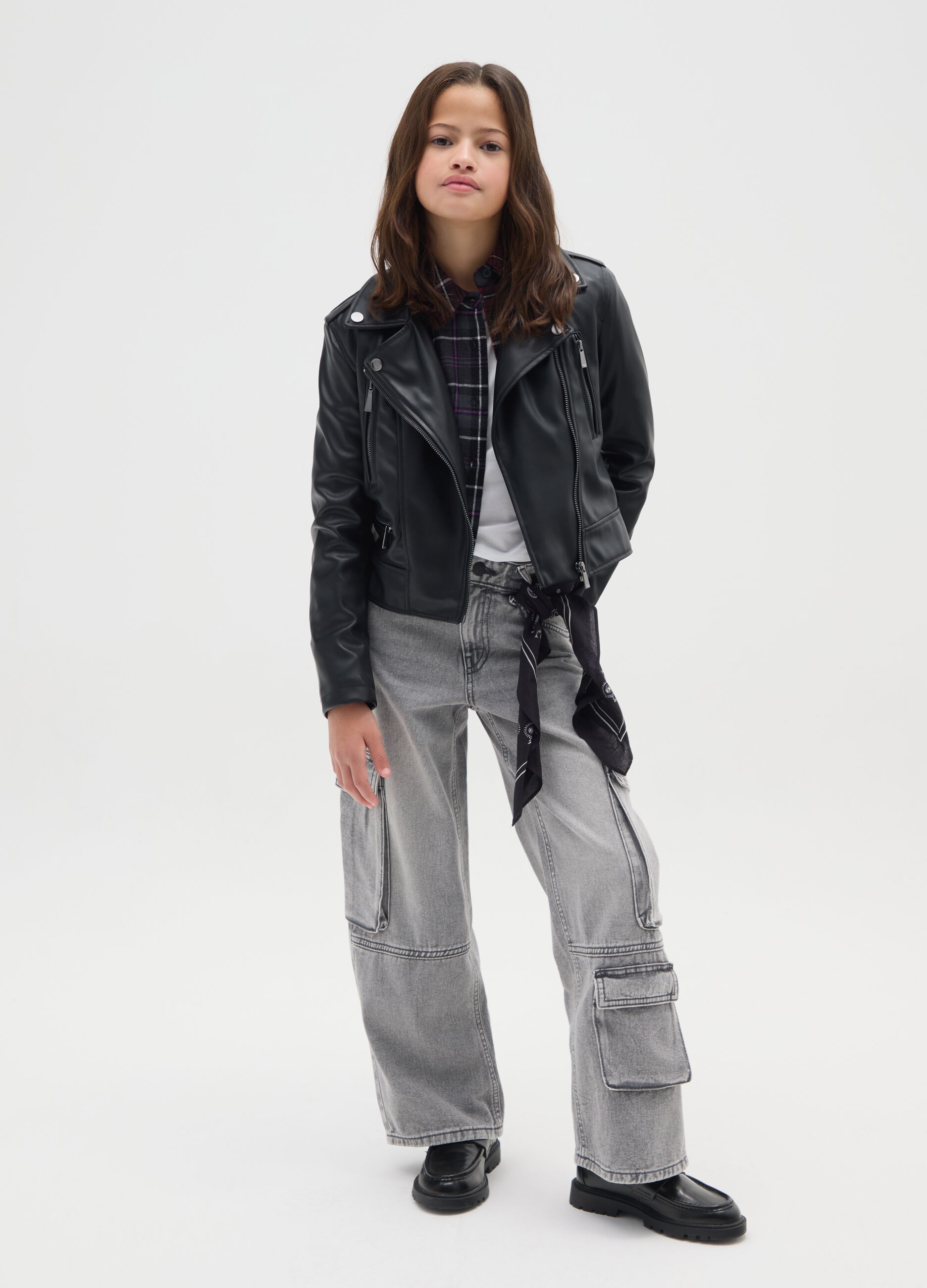 Girls' straight grey cargo jeans in pure cotton