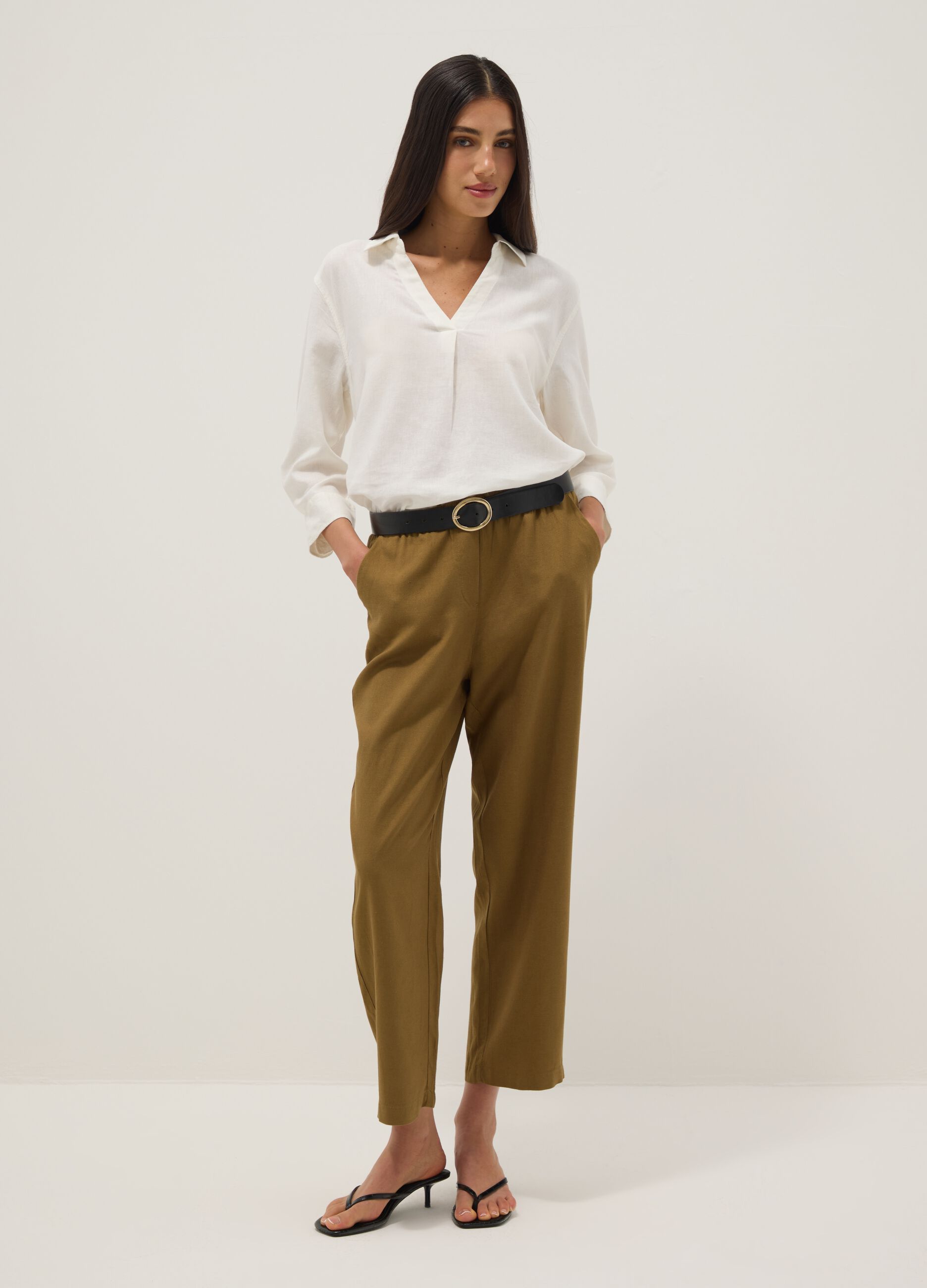 White linen and viscose-blend V-neck regular-fit shirt