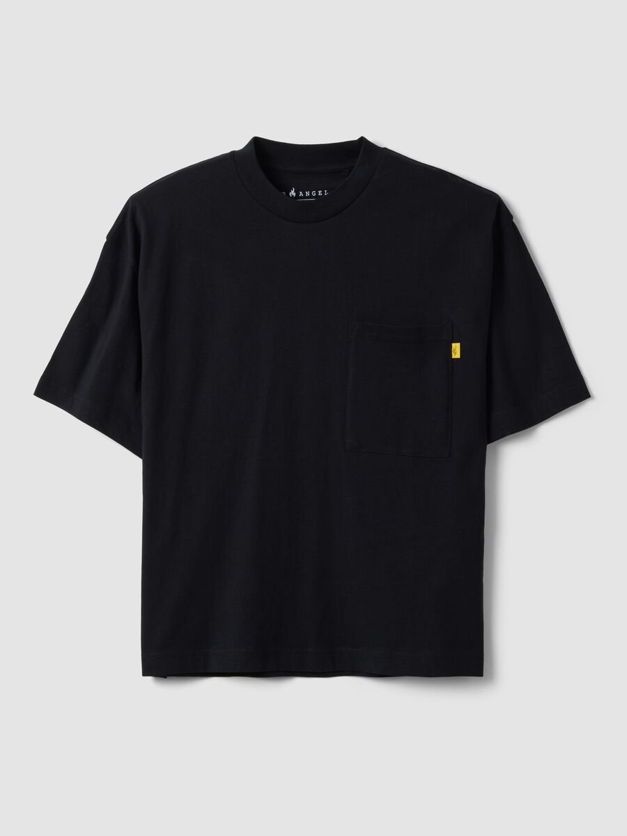 Black pure cotton crew-neck T-shirt with chest pocket, boxy fit_4