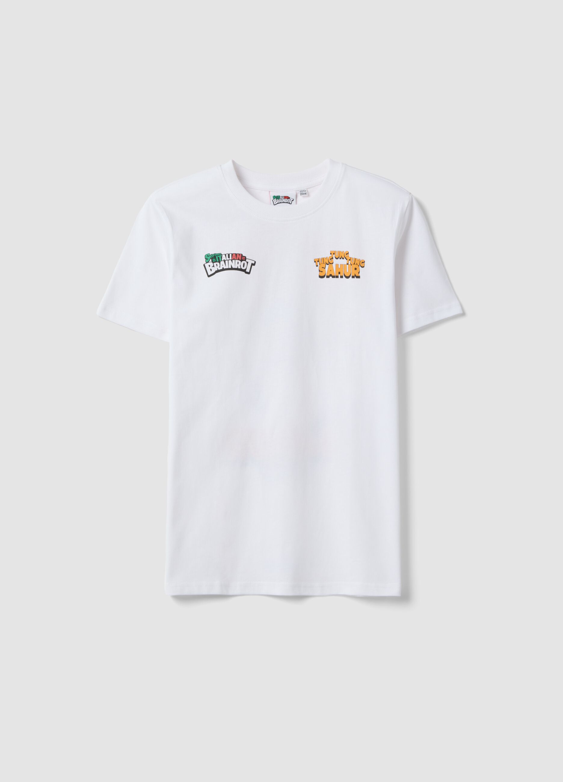 Boy's white pure cotton T-shirt, regular fit with prints