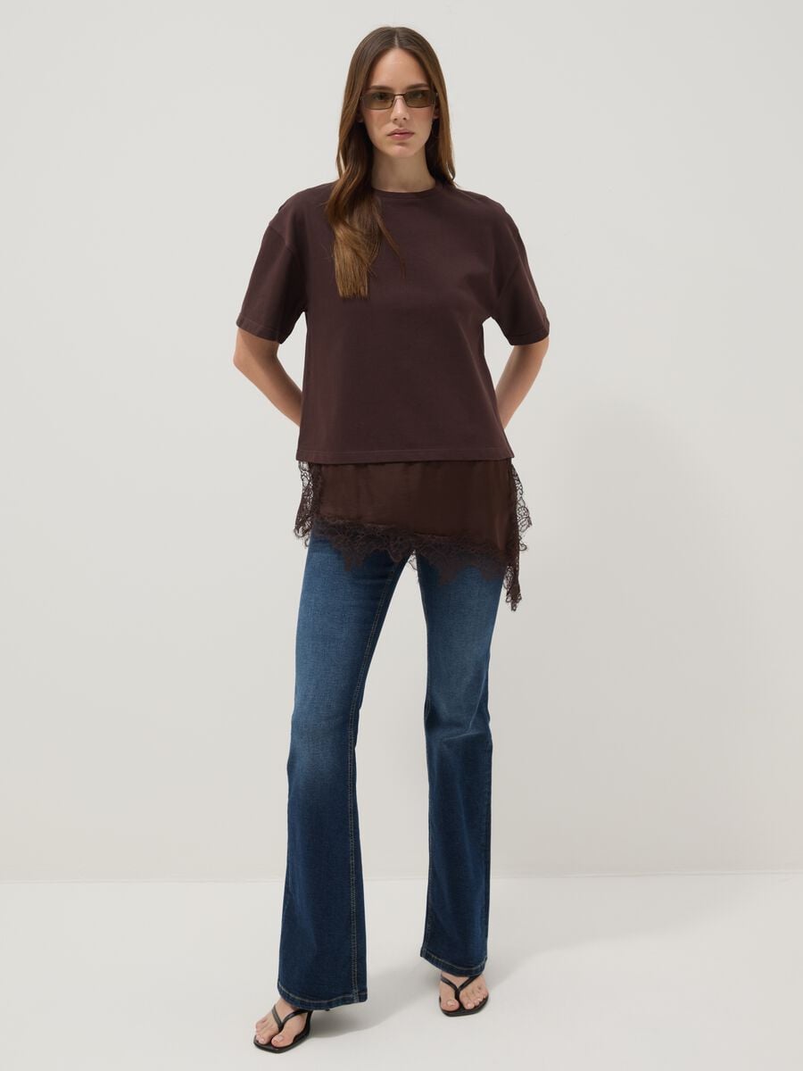 Brown pure cotton T-shirt with lace insert, relaxed fit_2