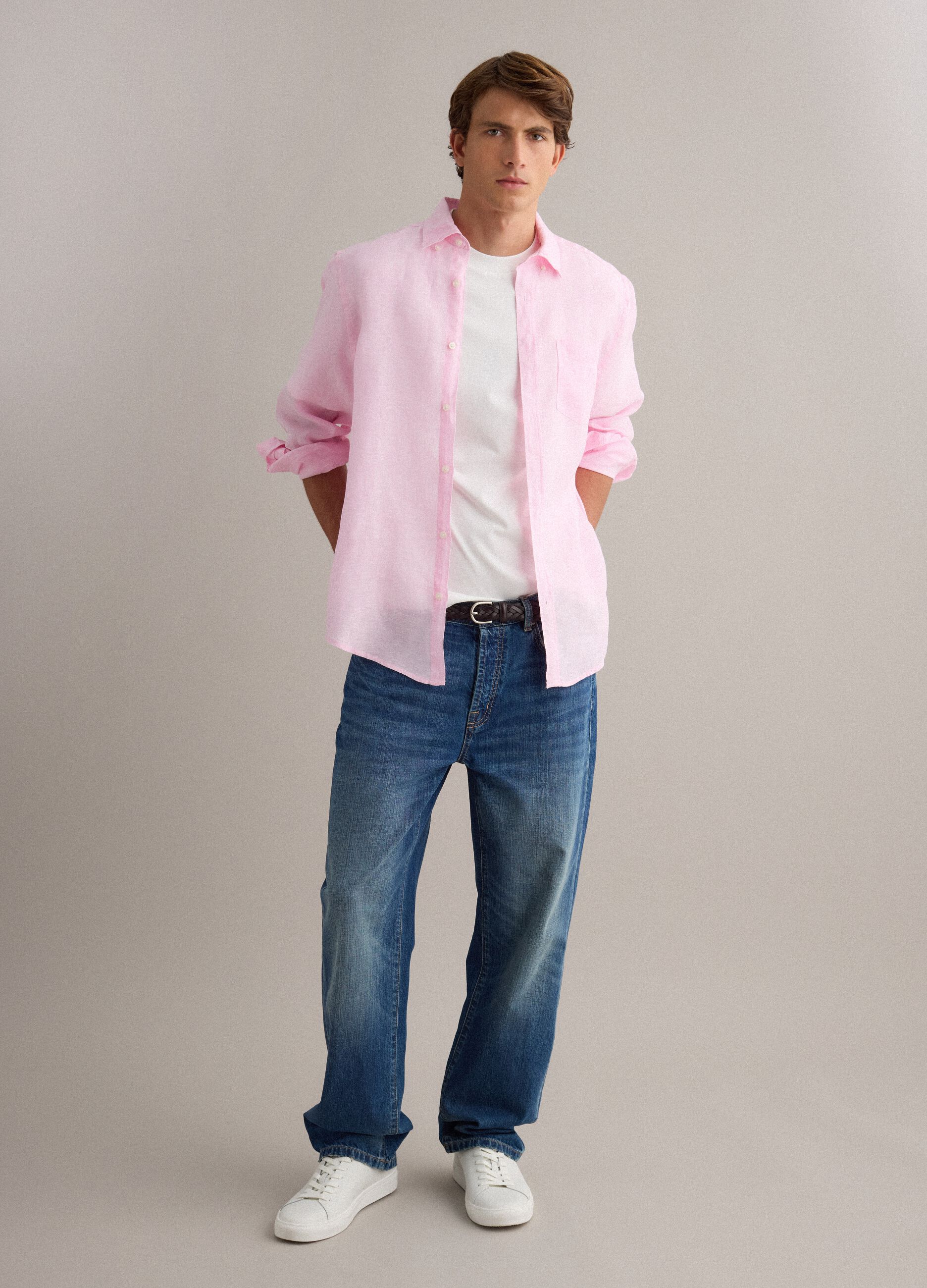 Pink pure linen shirt with button-down collar, regular fit