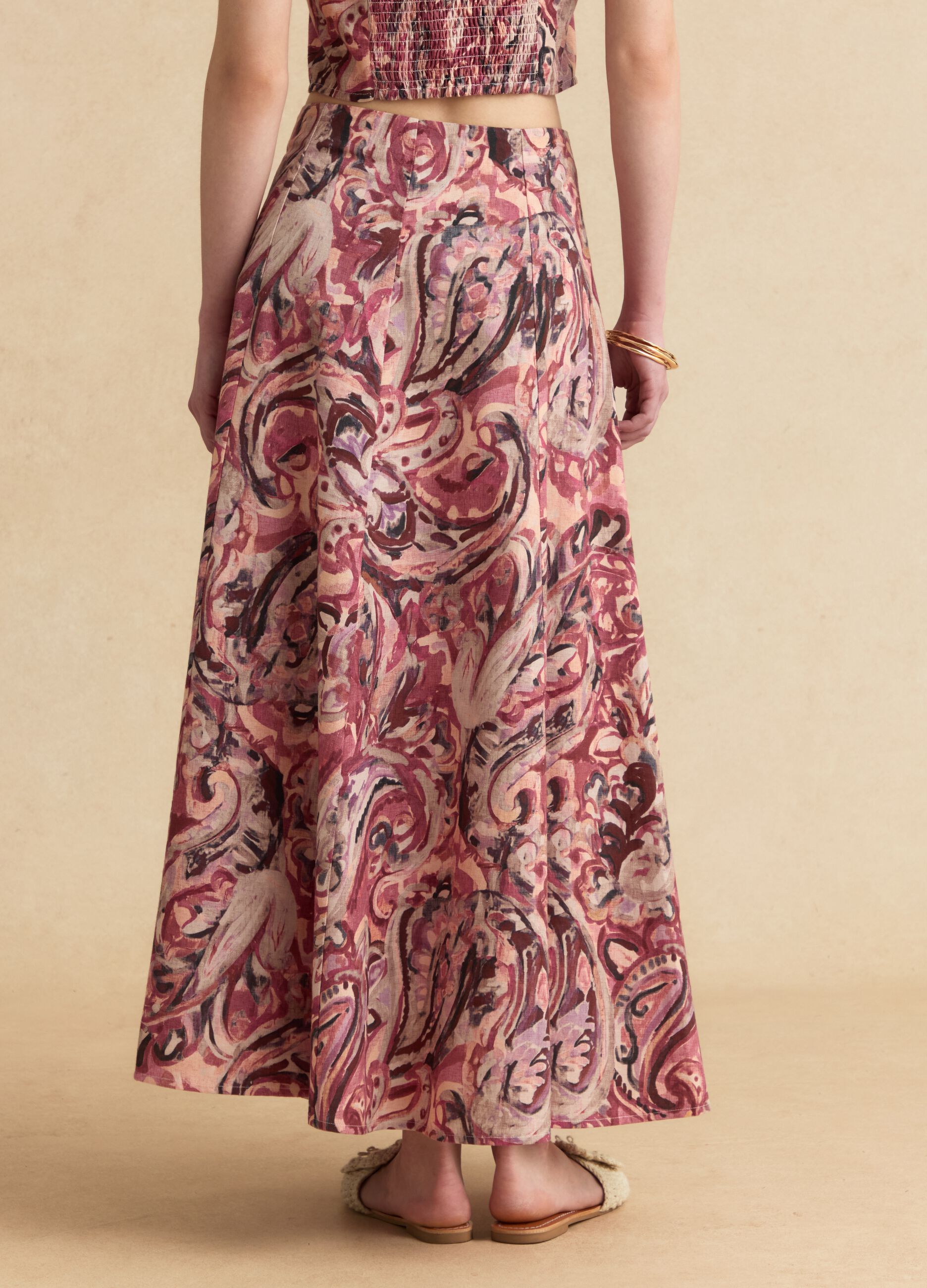 Multicolour cotton and linen-blend midi skirt