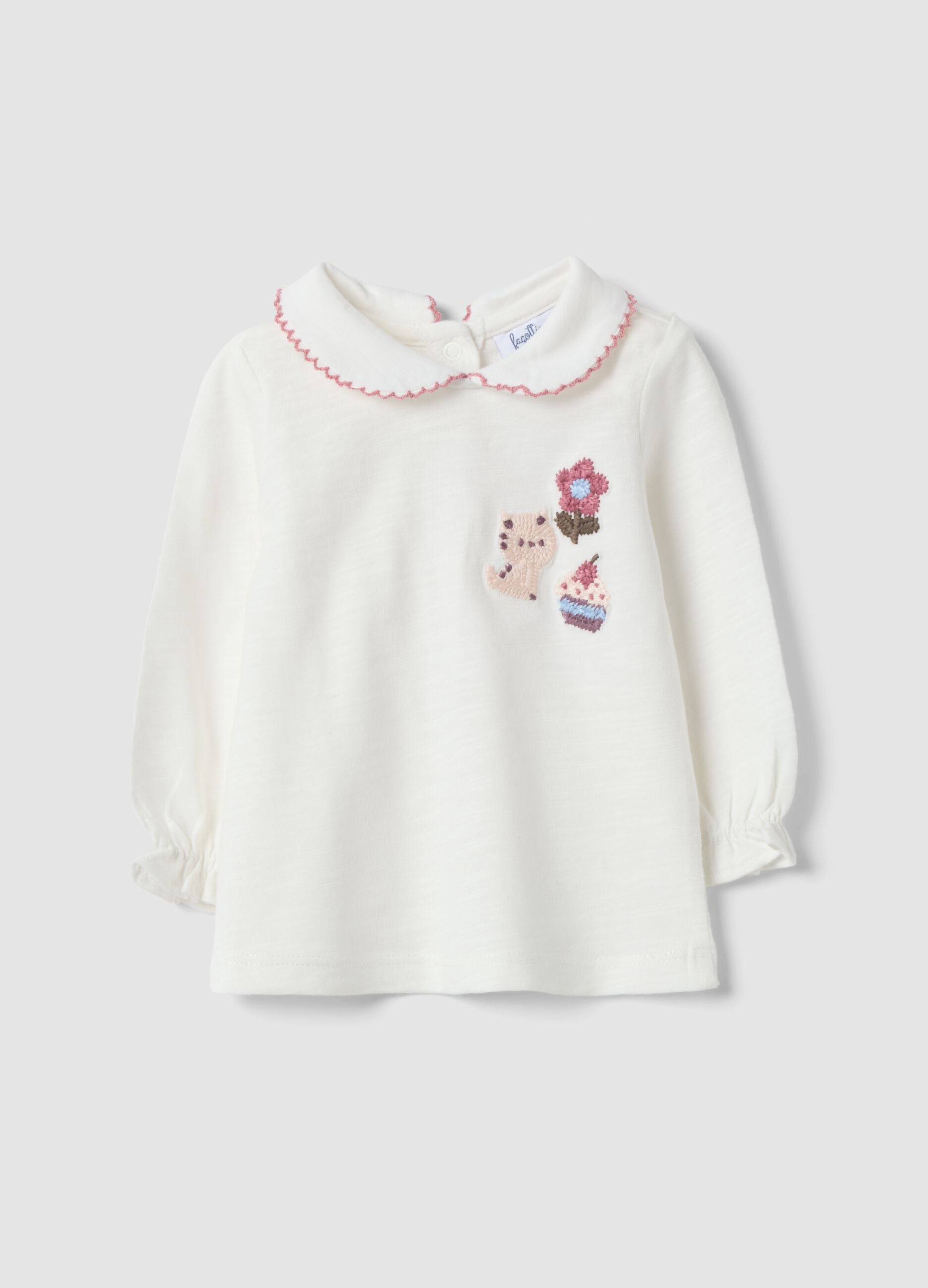 Wei&szlig;es Jersey-Shirt aus reiner Bio-Baumwolle mit Stickerei, Regular Fit