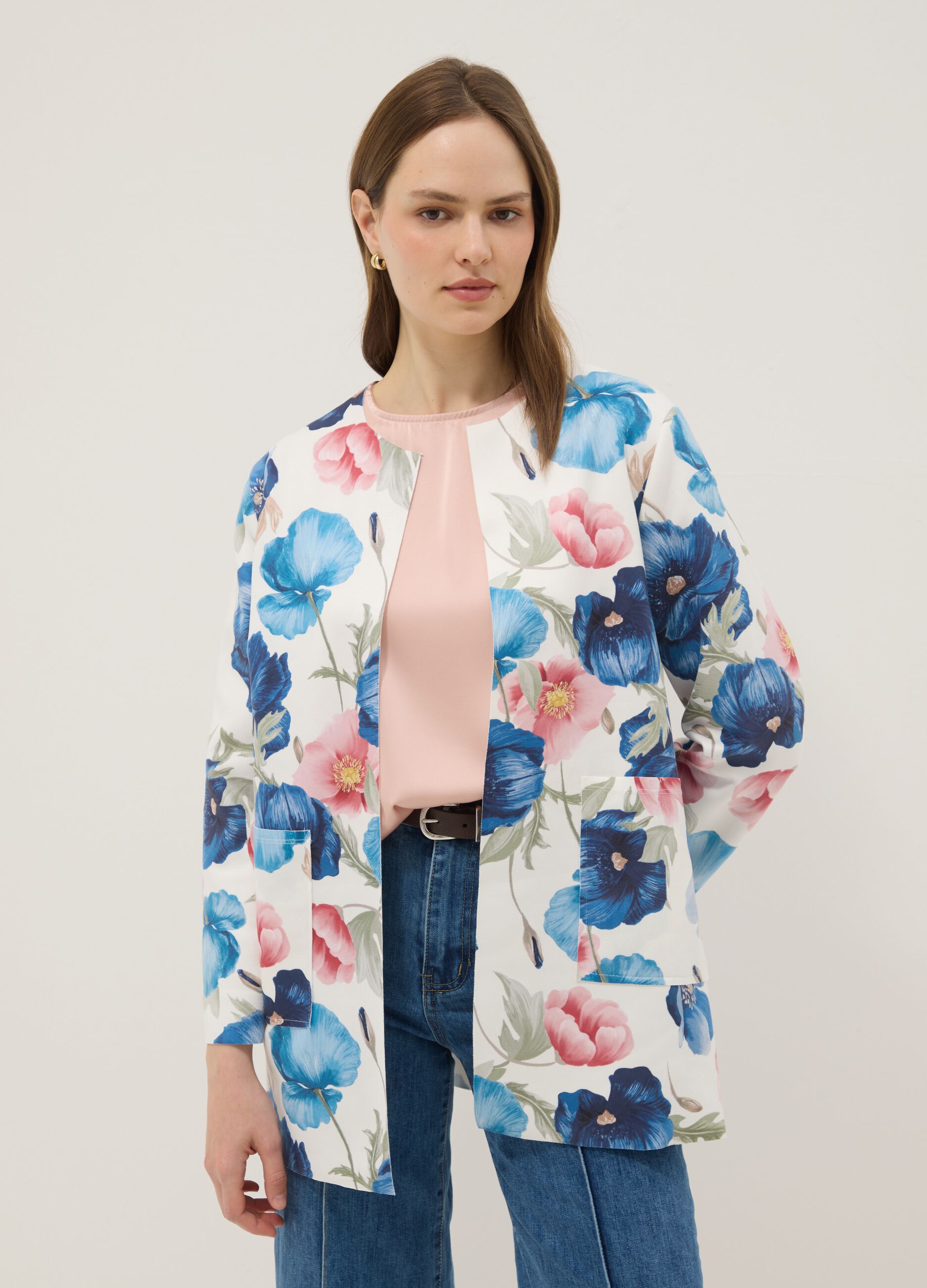 Multicolour collarless floral blazer, regular fit