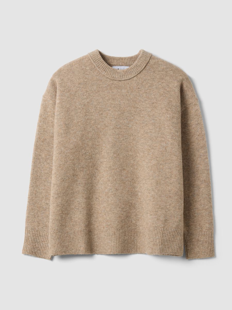 Beiger Oversize-Rundhalspullover aus elastischer Wolle_0