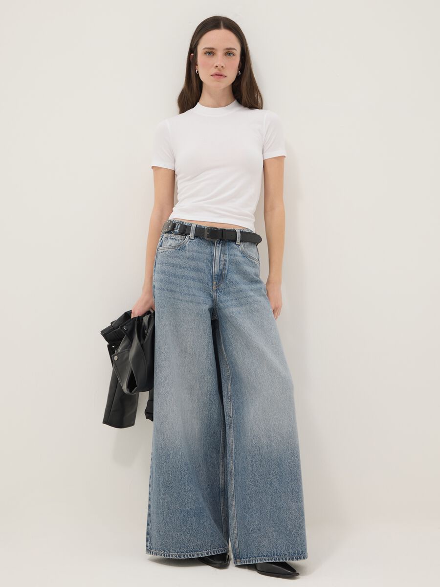 Pure Cotton Blue Wide Leg Denim Jeans_0