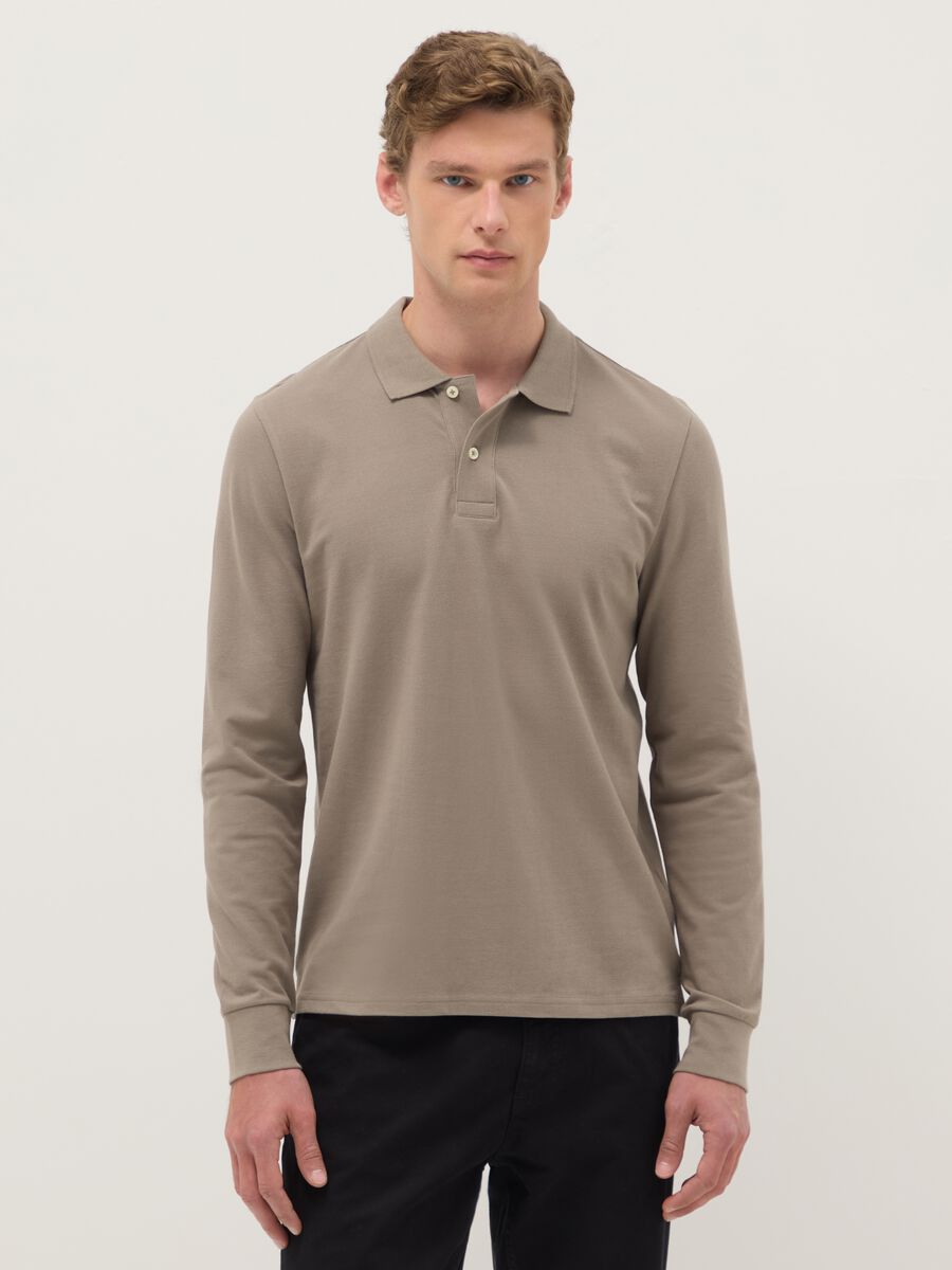 Beige Long Sleeve Polo in Pure Cotton Regular Fit_0