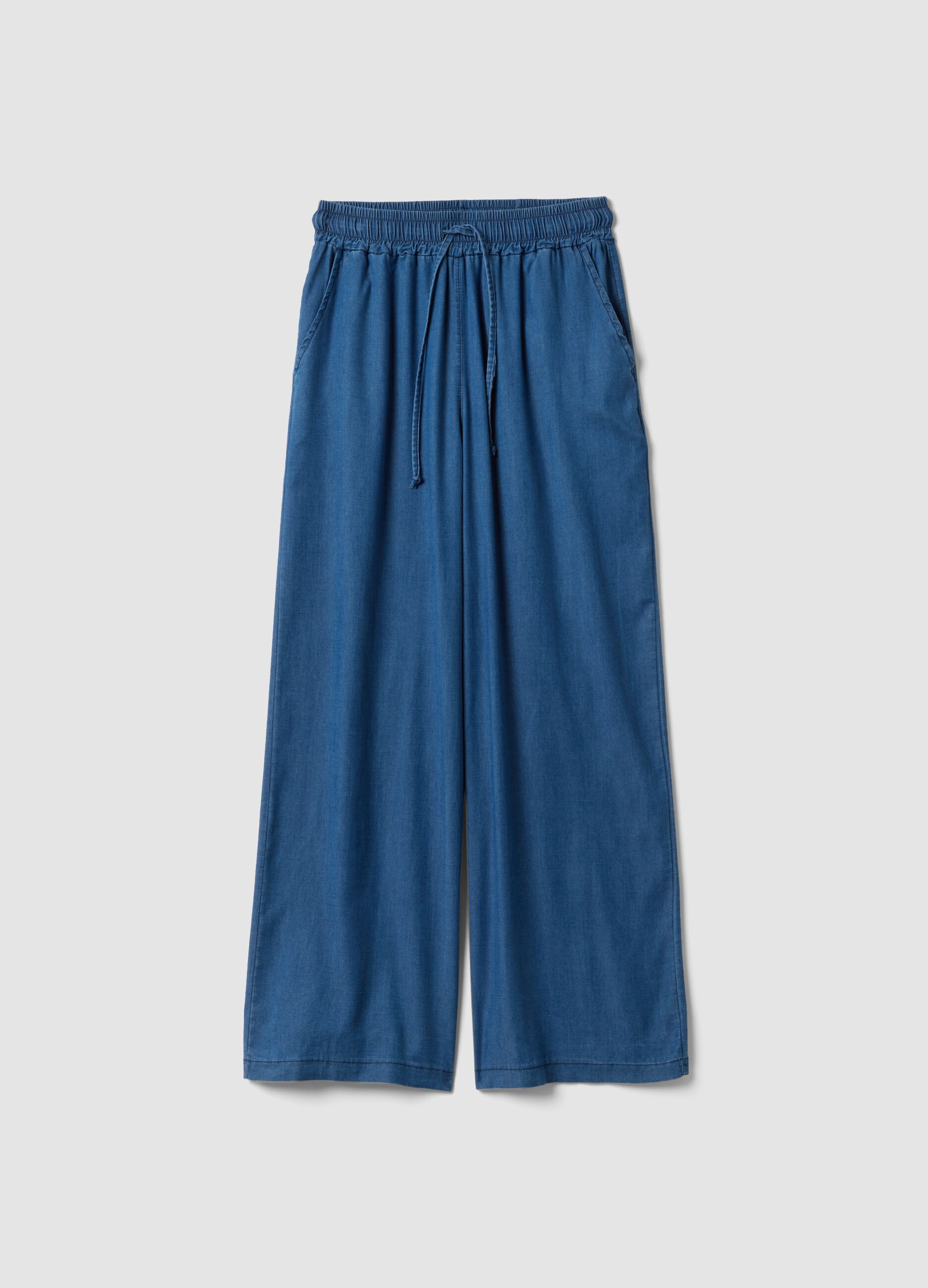 Blue wide-leg pure lyocell trousers, regular fit