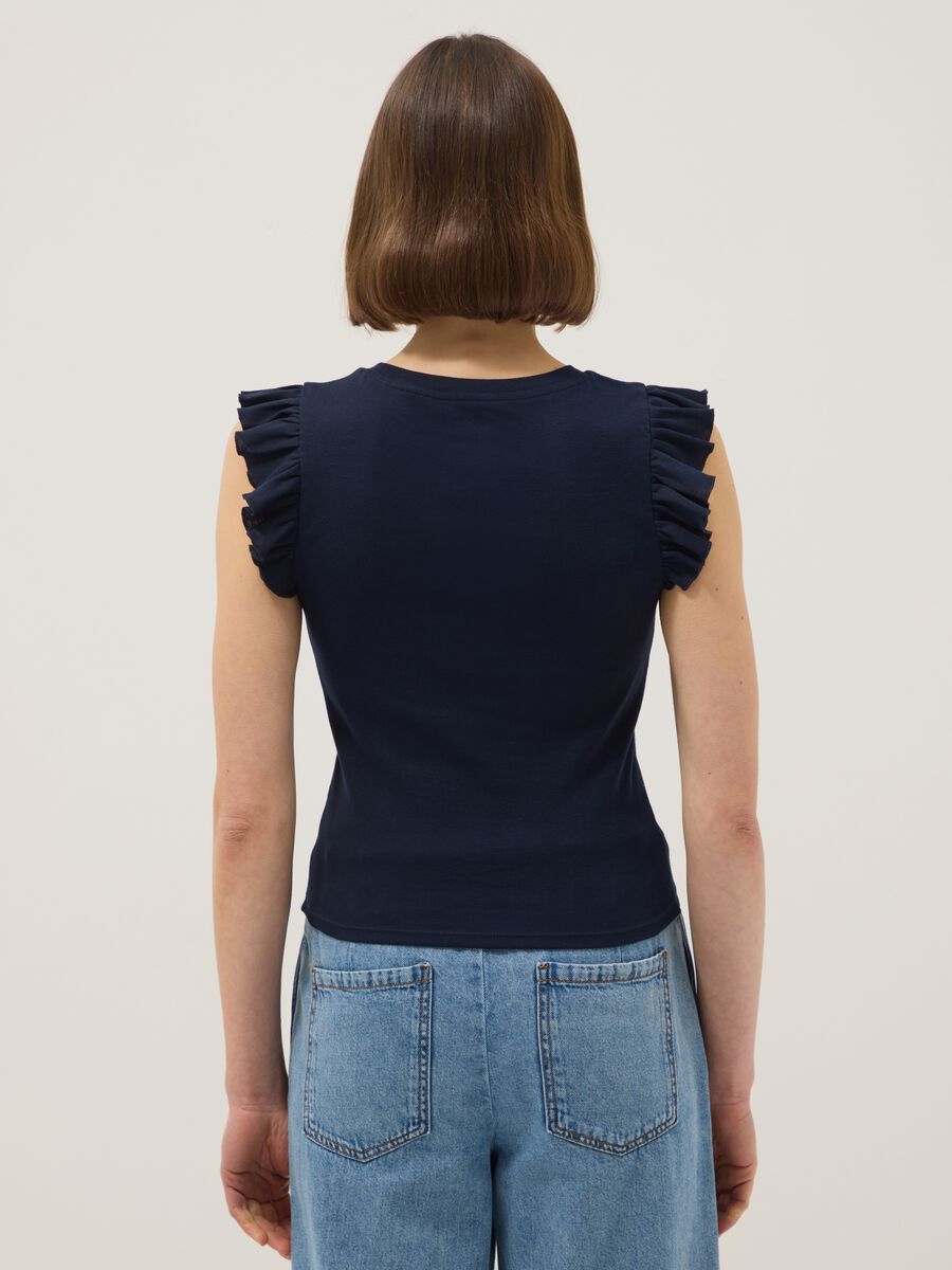 Slim fit blue pure cotton T-shirt with ruffles_2