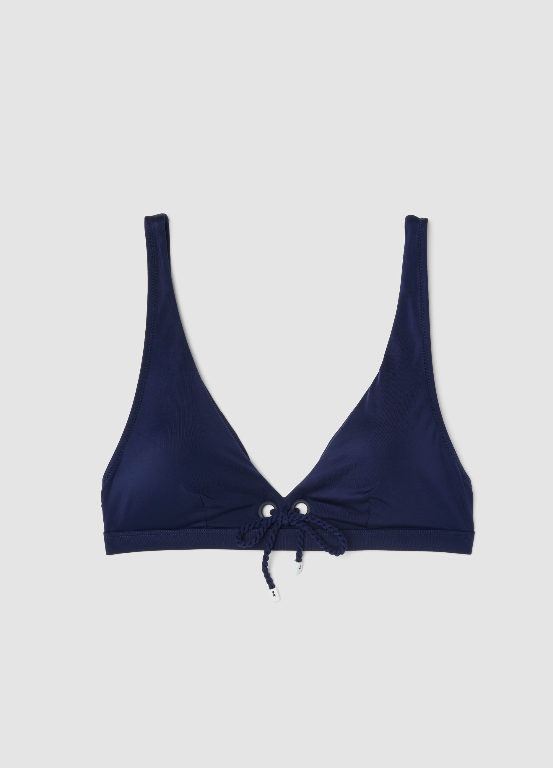 Blue triangle bikini top in stretch fabric with removable padding