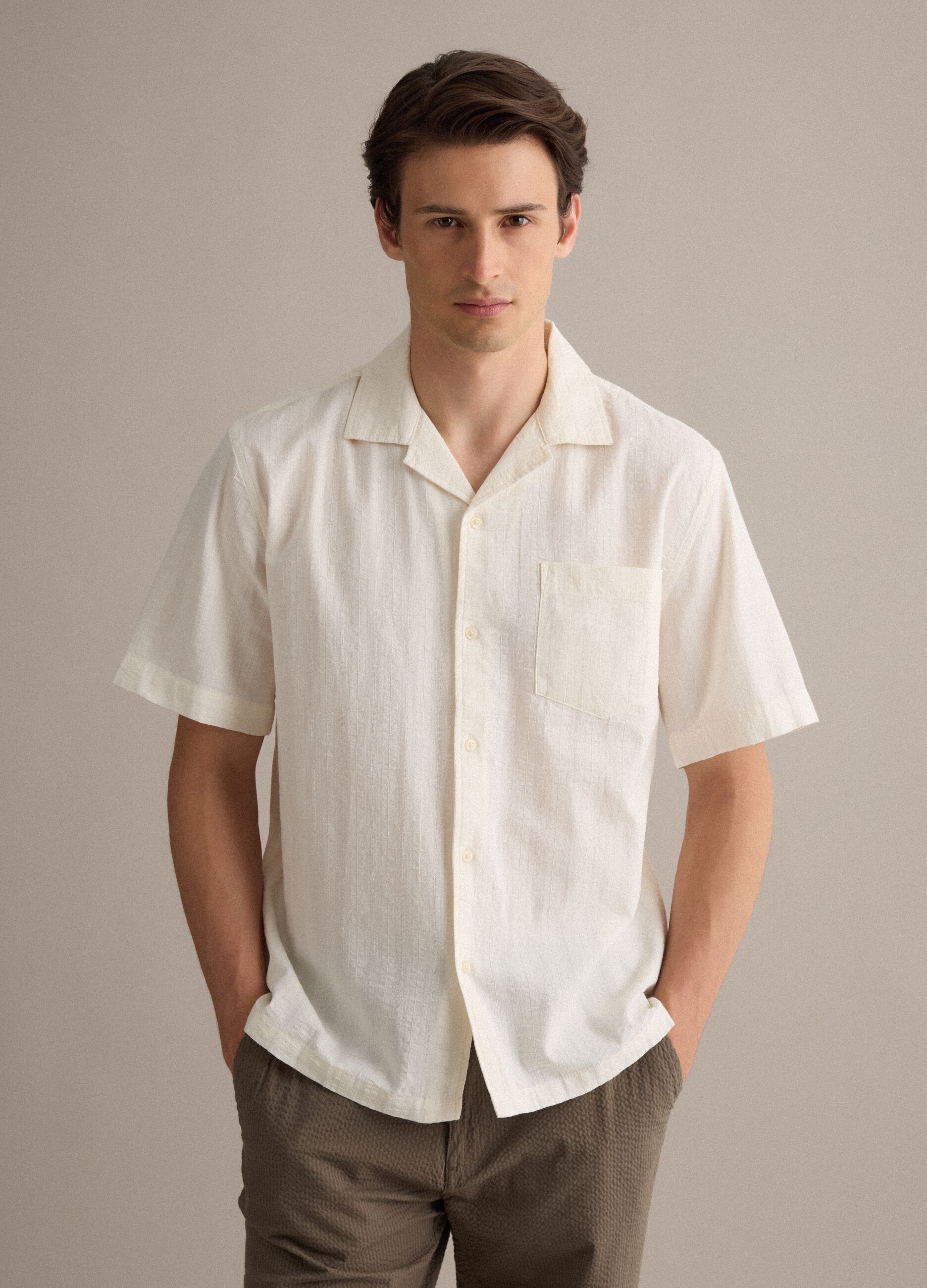 White pure organic cotton bowling-collar shirt, regular fit