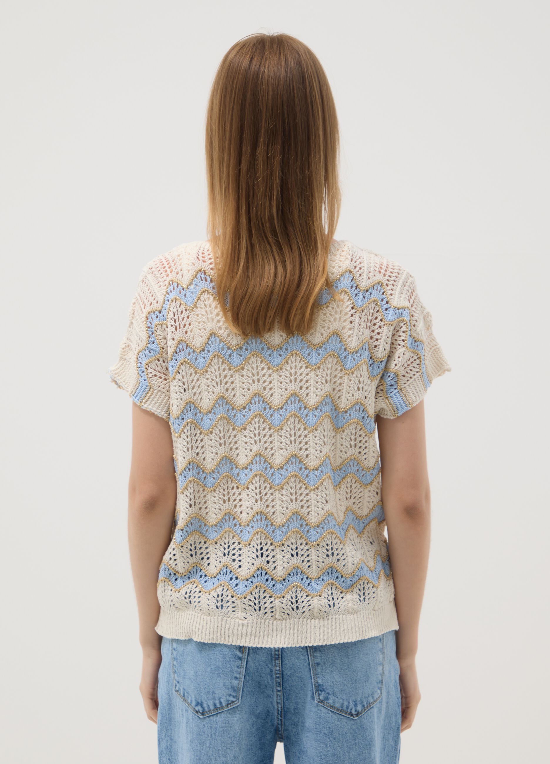 Beige stretch cotton T-shirt with openwork detailing