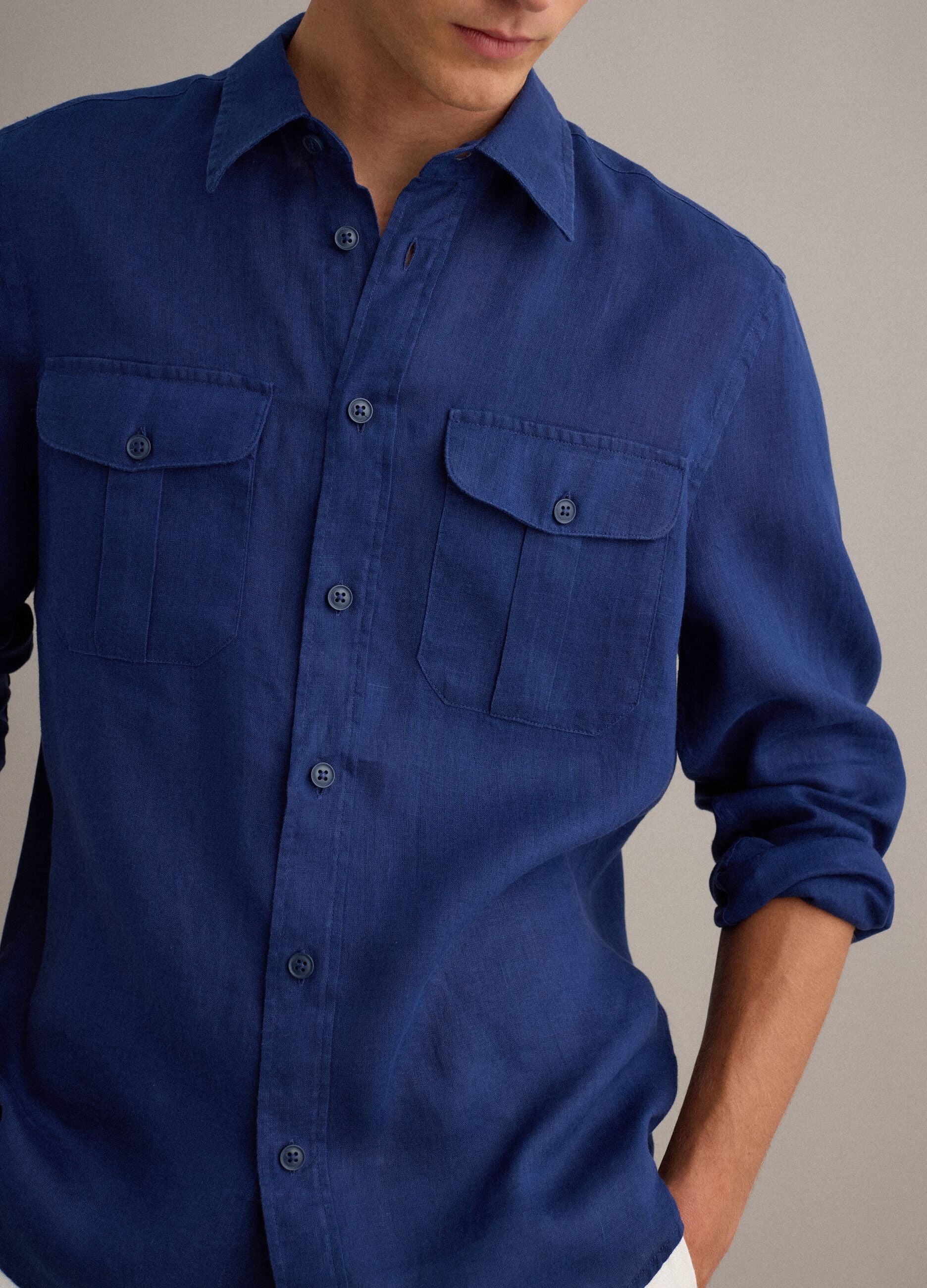Blue regular-fit pure linen shirt with double pocket