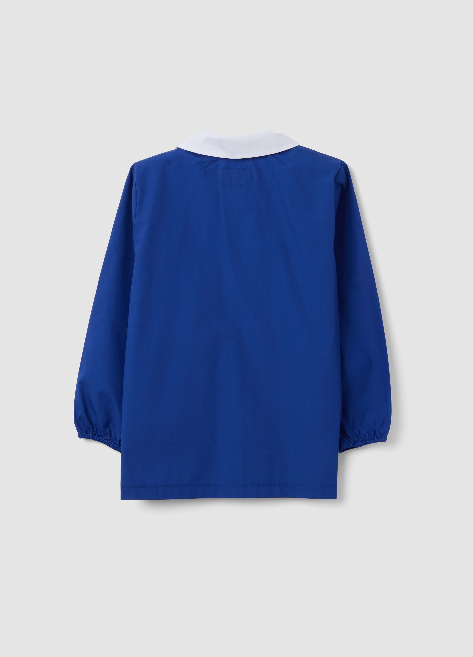 Blue school smock with zip and panda embroidery for boys
