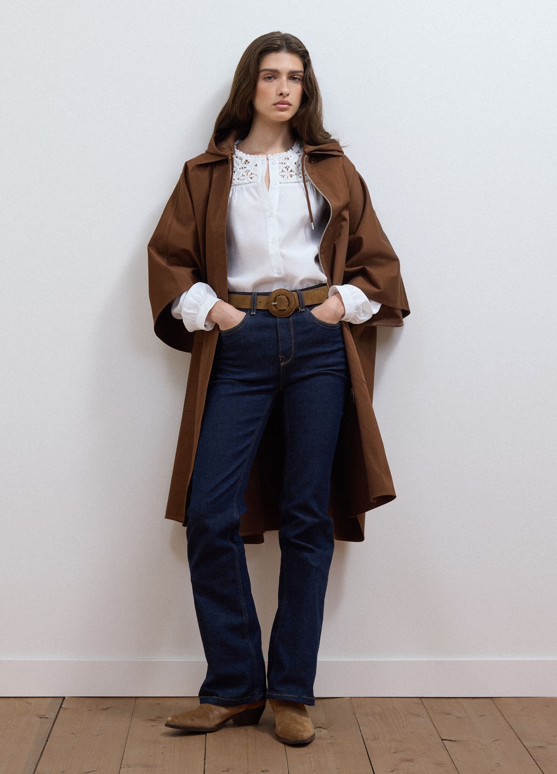 Brown pure cotton hooded cape with oversized fit