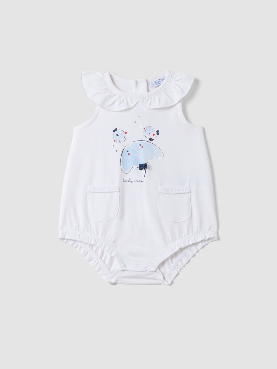 Sleeveless white pure cotton baby romper with fish_0