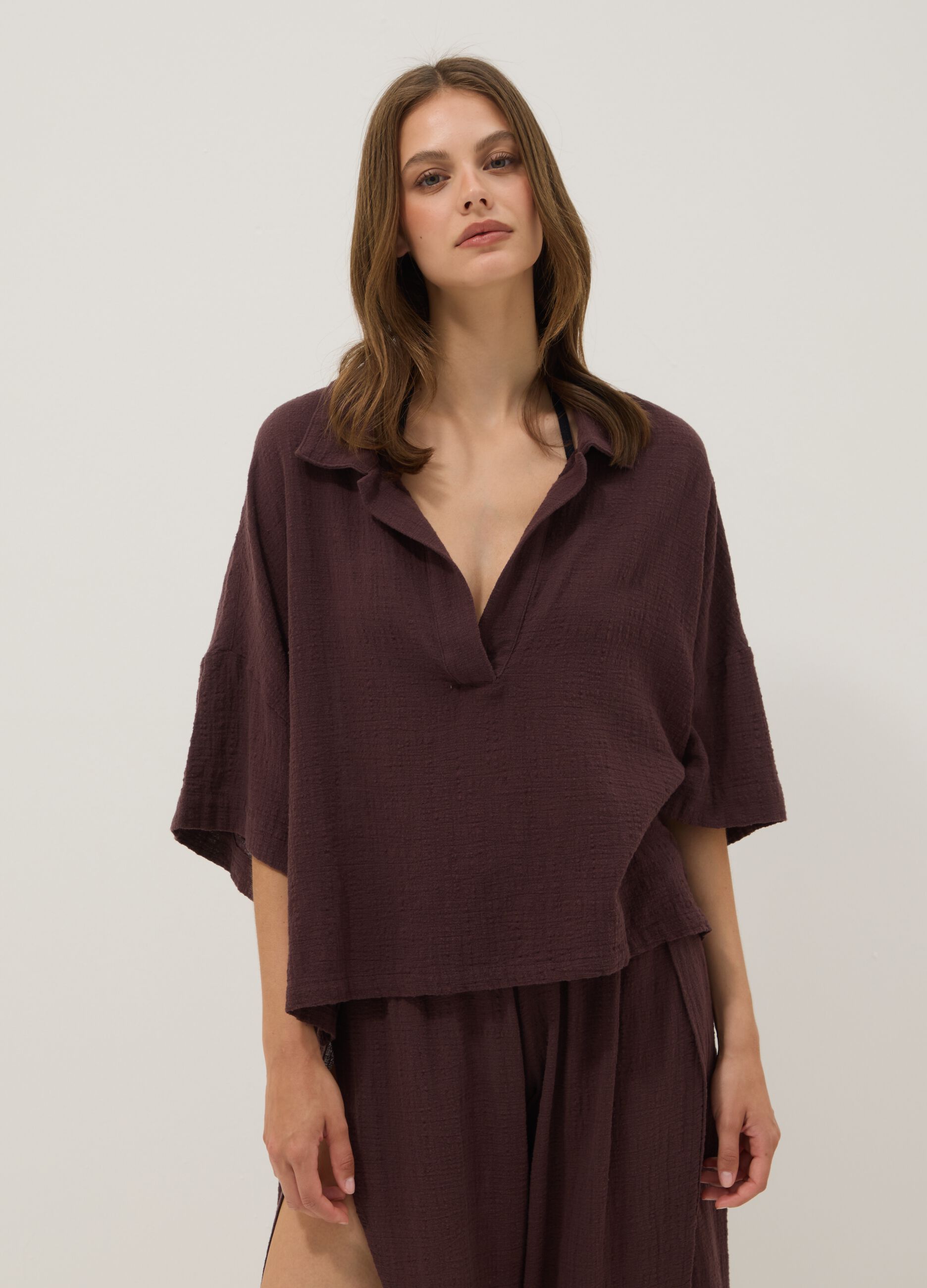 Short brown pure cotton kaftan with V-neck