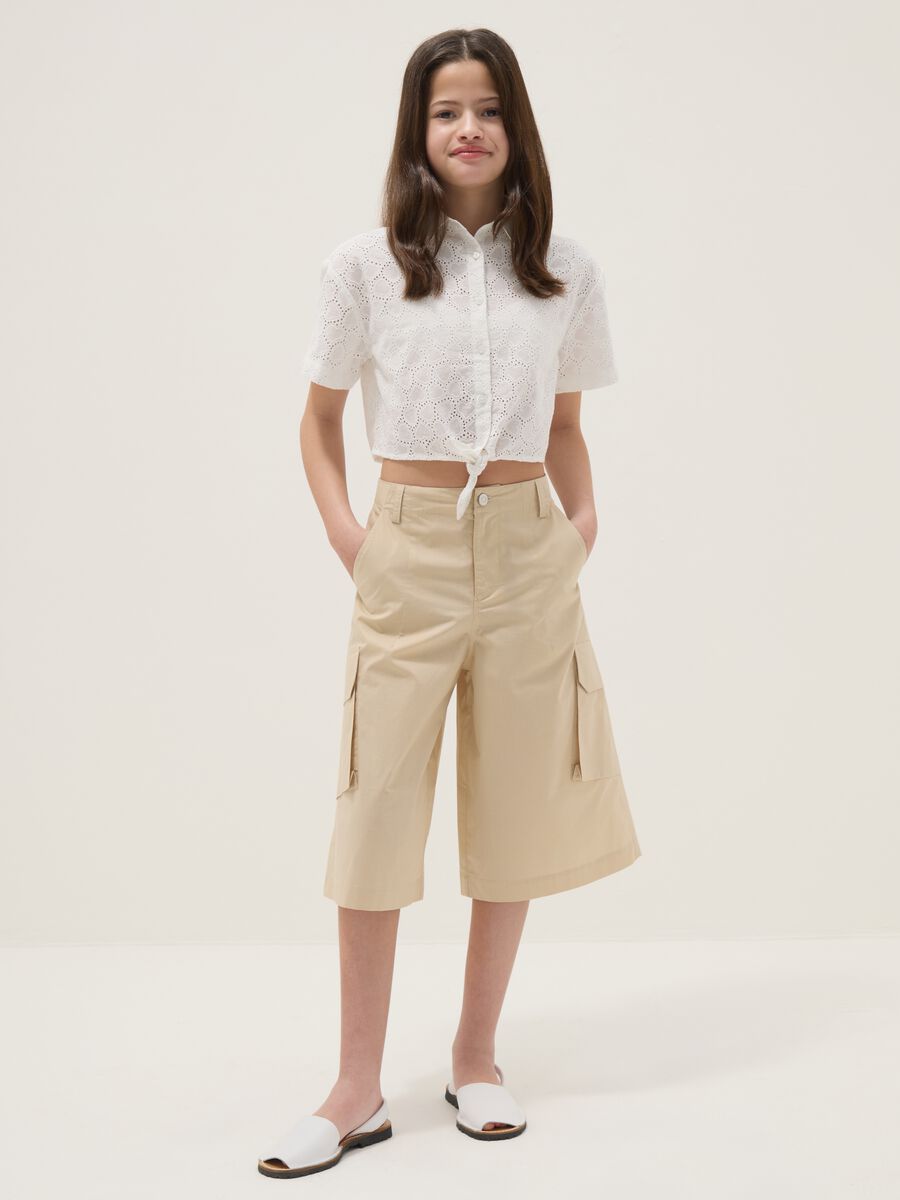 Girls' beige pure cotton cargo trousers, relaxed fit_0