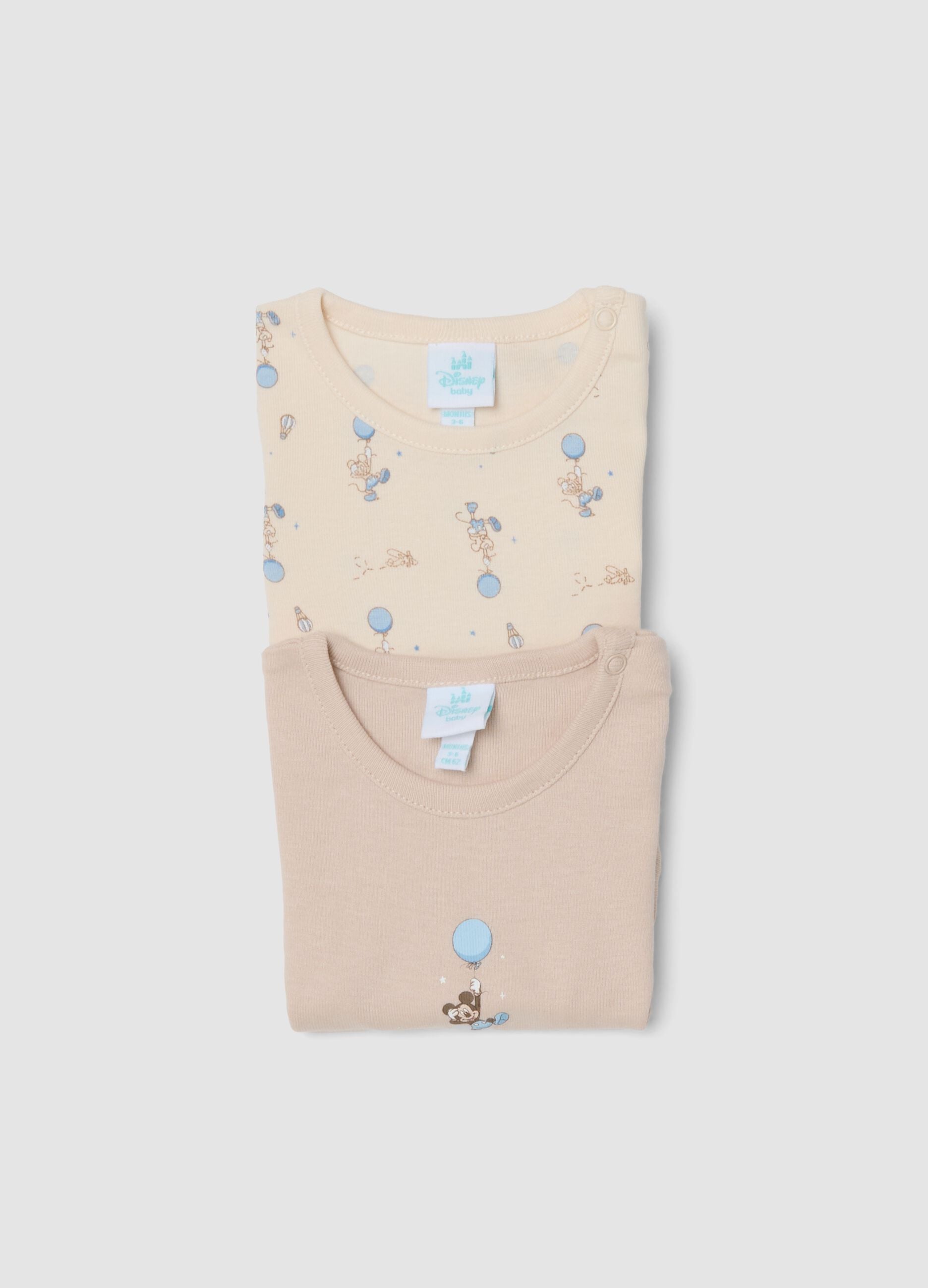 2-pack beige organic cotton baby bodysuits with Mickey print
