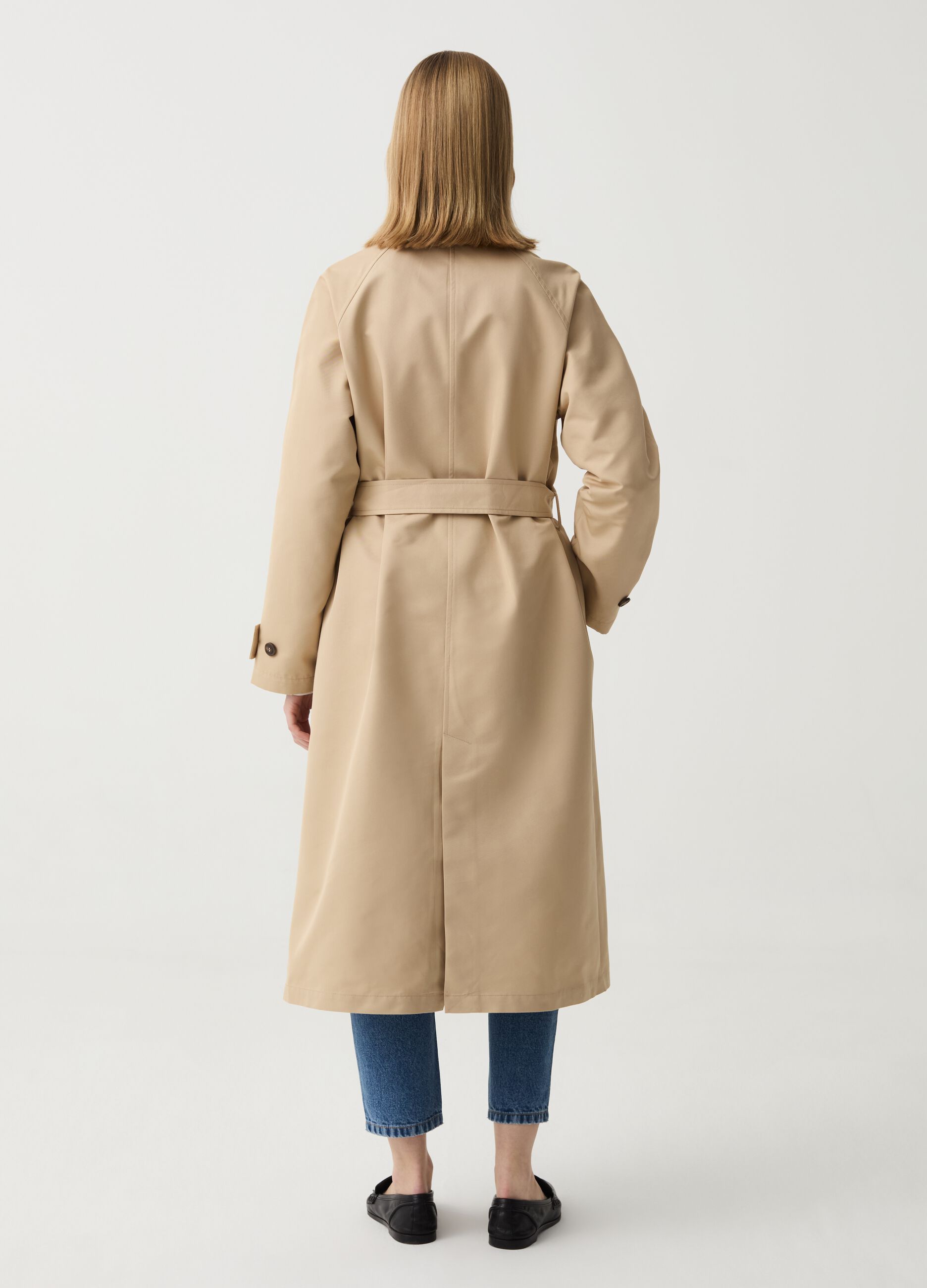 Long double-breasted trench coat with belt