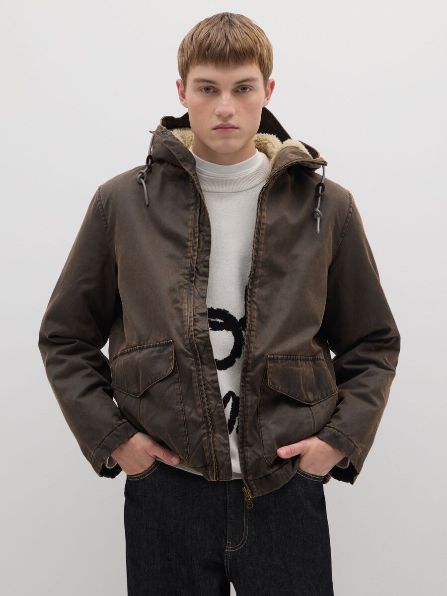 Brown cotton blend regular fit heavy parka jacket with zip_0