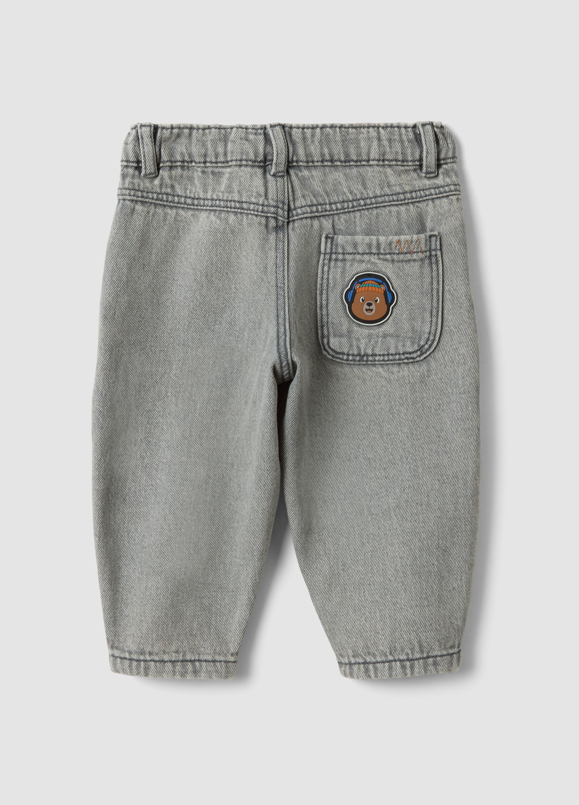 Grey baggy-fit pure cotton jeans with prints for baby boy