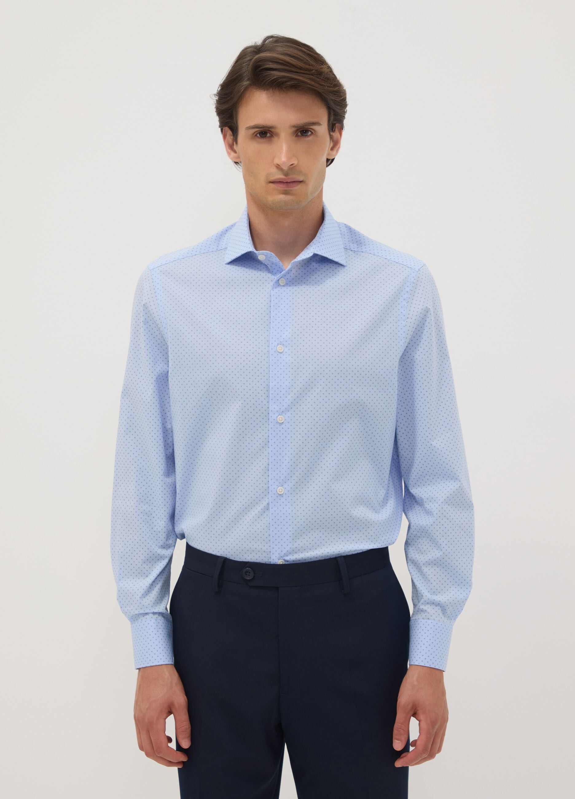 Light blue stretch cotton poplin shirt with spread collar
