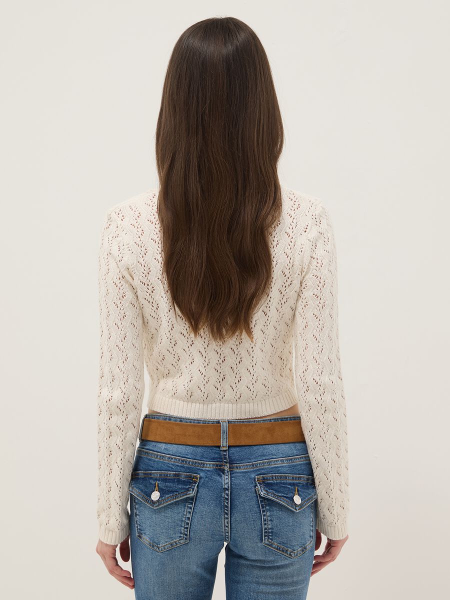 Regular fit beige pure cotton cardigan with perforated design_3