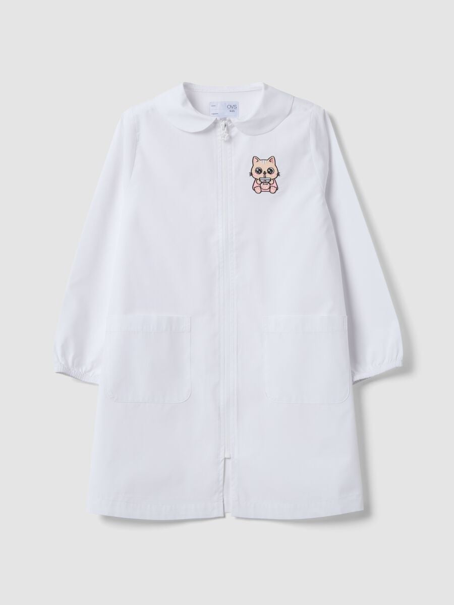 White girls&rsquo; school apron with zip and kitten embroidery_0