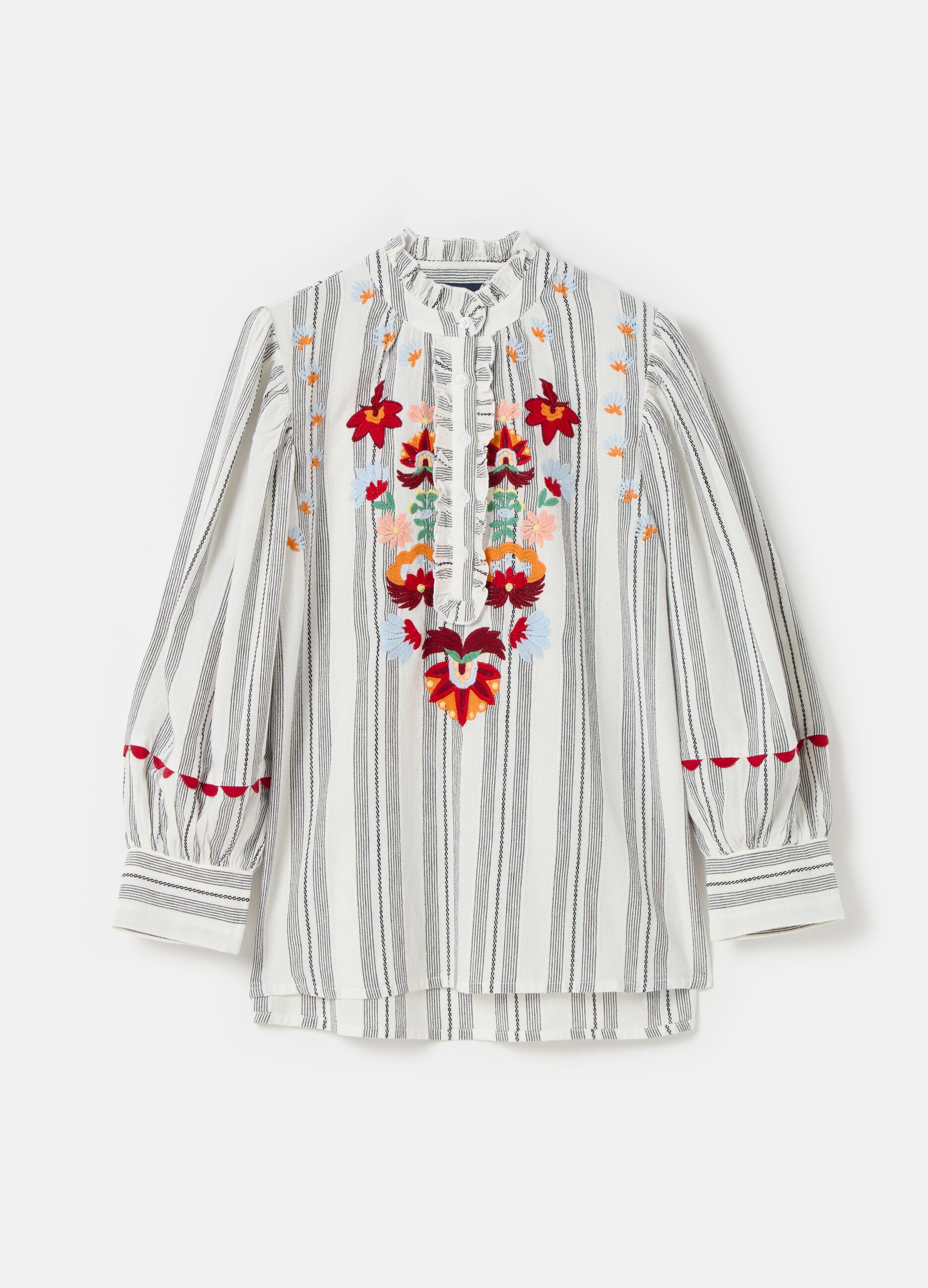 Striped blouse with flowers embroidery