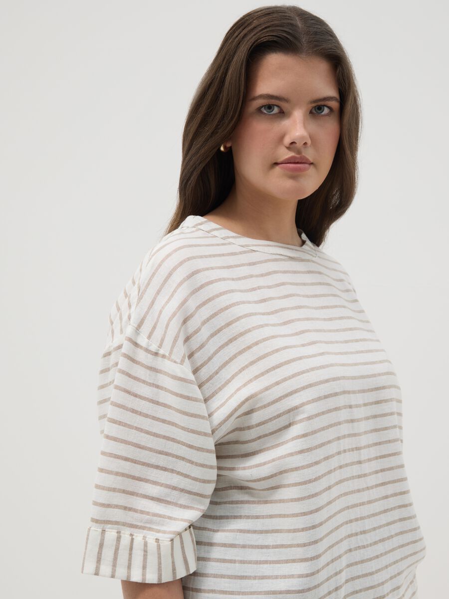 Multicolor gestreiftes Regular Fit T-Shirt aus Leinenmischung_2