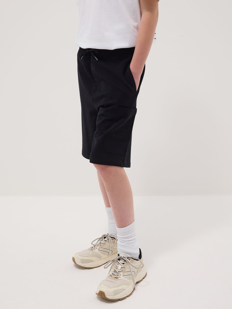 Cal&ccedil;&otilde;es cargo preto de algod&atilde;o puro para rapazes, oversize fit_1