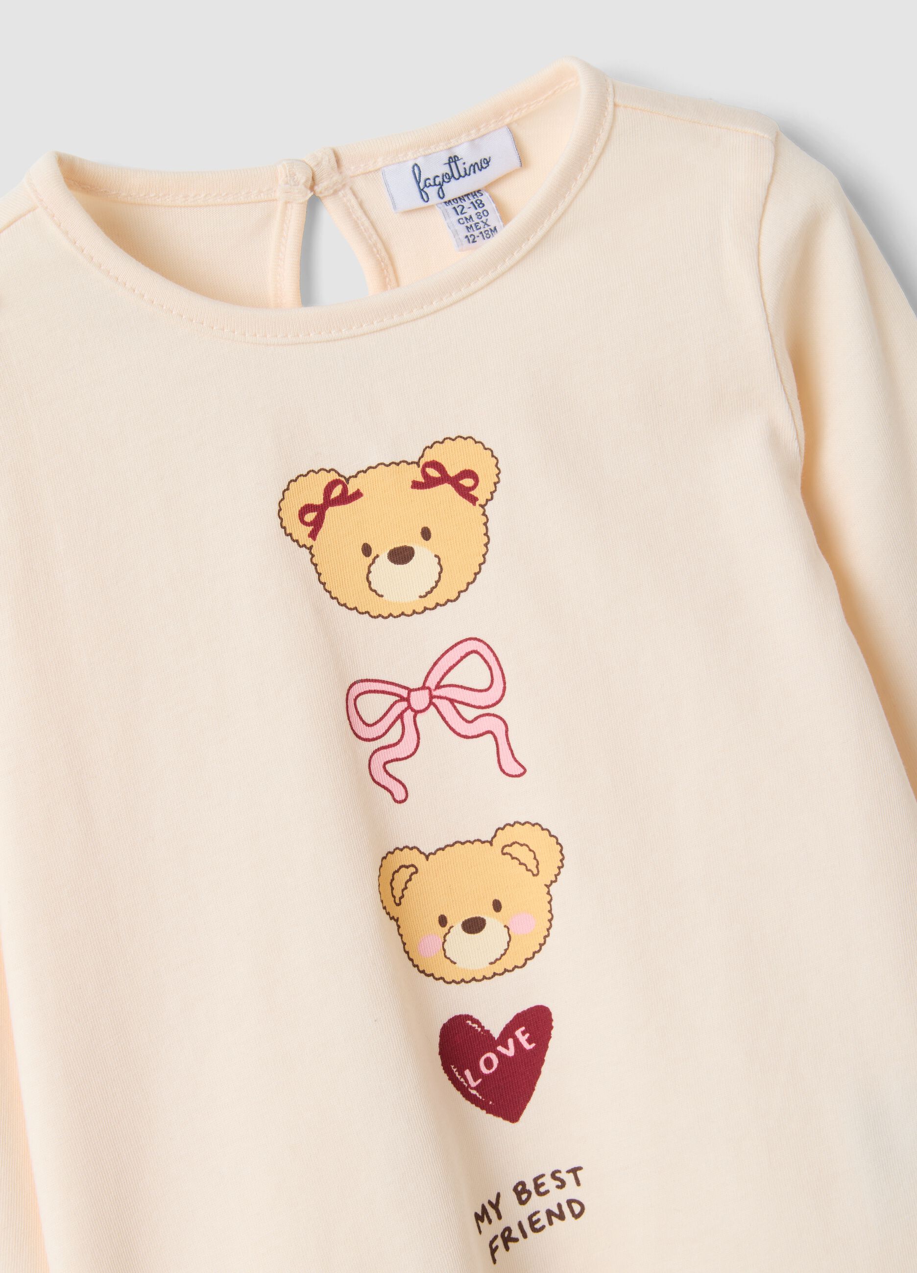 Maglietta beige in puro cotone organico con stampa orsetti per bimba