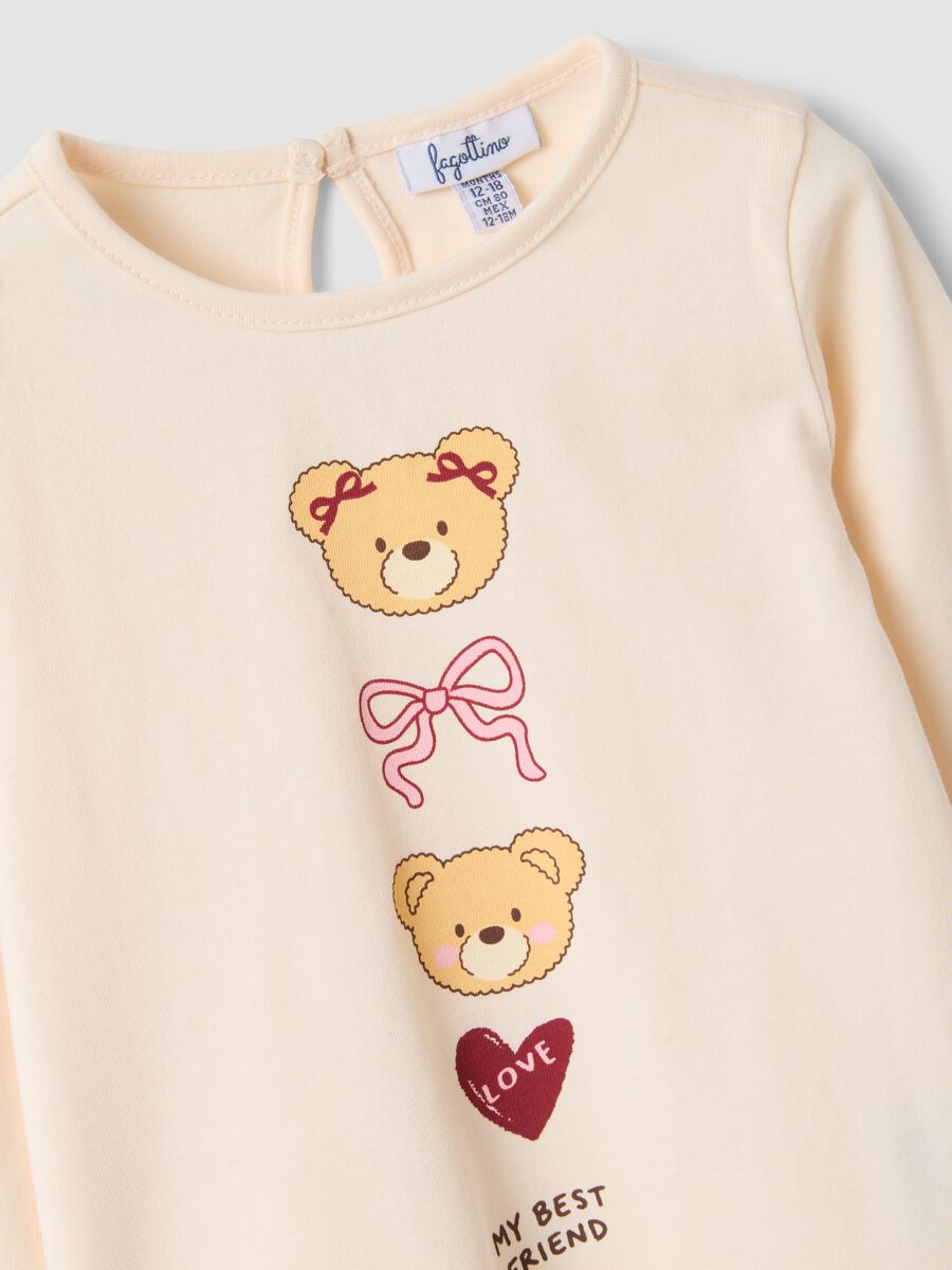 Maglietta beige in puro cotone organico con stampa orsetti per bimba_3