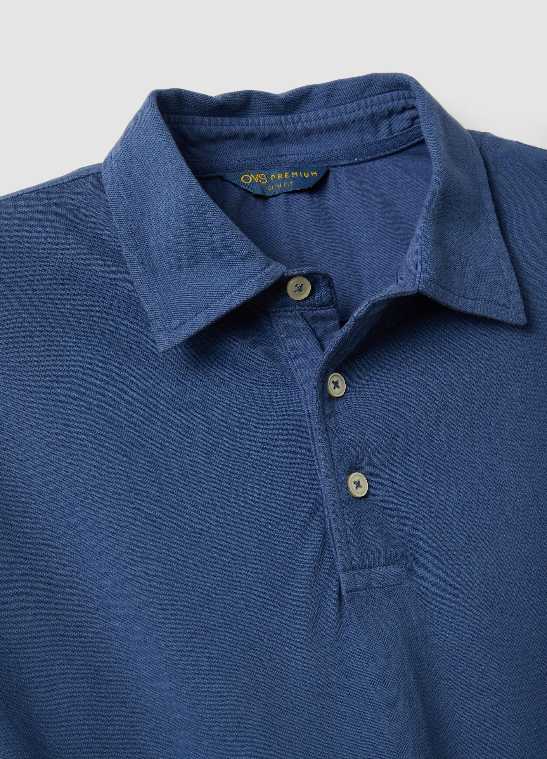 Blue pure cotton slim-fit short-sleeve polo