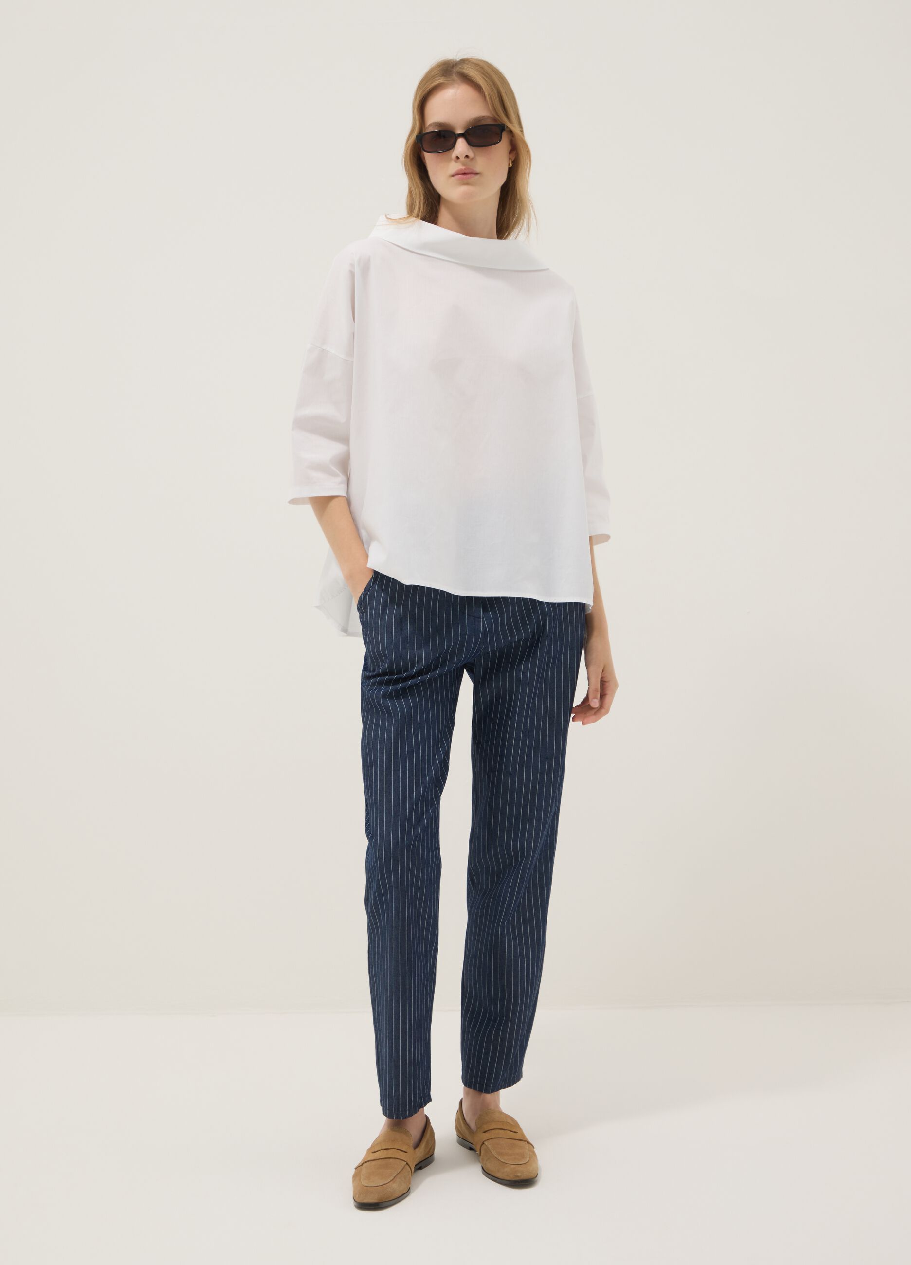 White stretch-cotton top with soft funnel neck