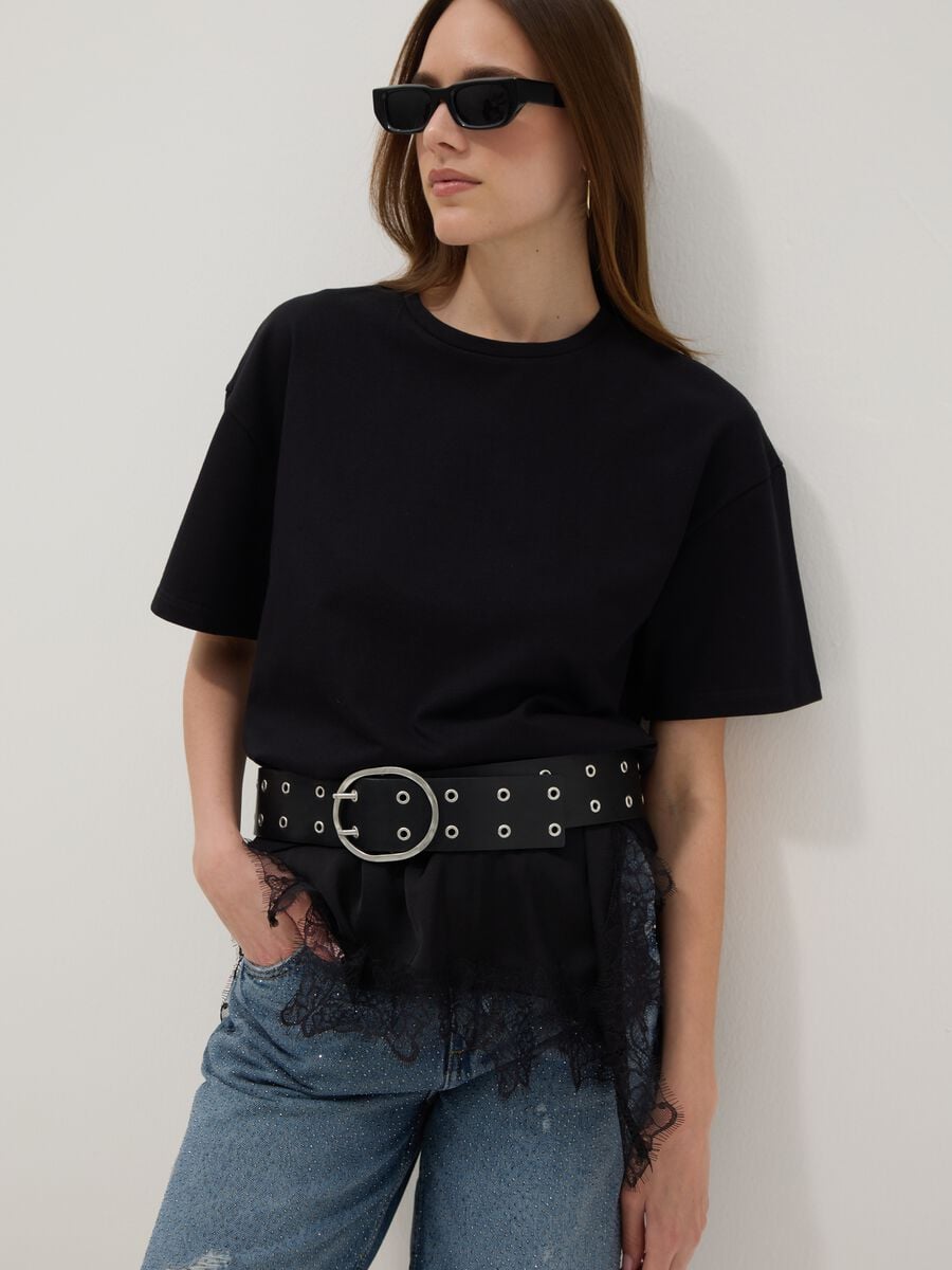 Black pure cotton T-shirt with lace insert, relaxed fit_0