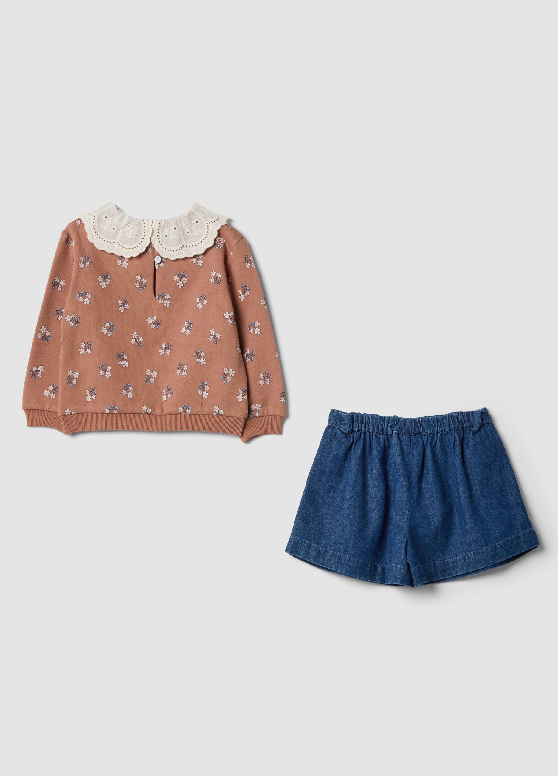Pink and denim pure cotton set with floral print