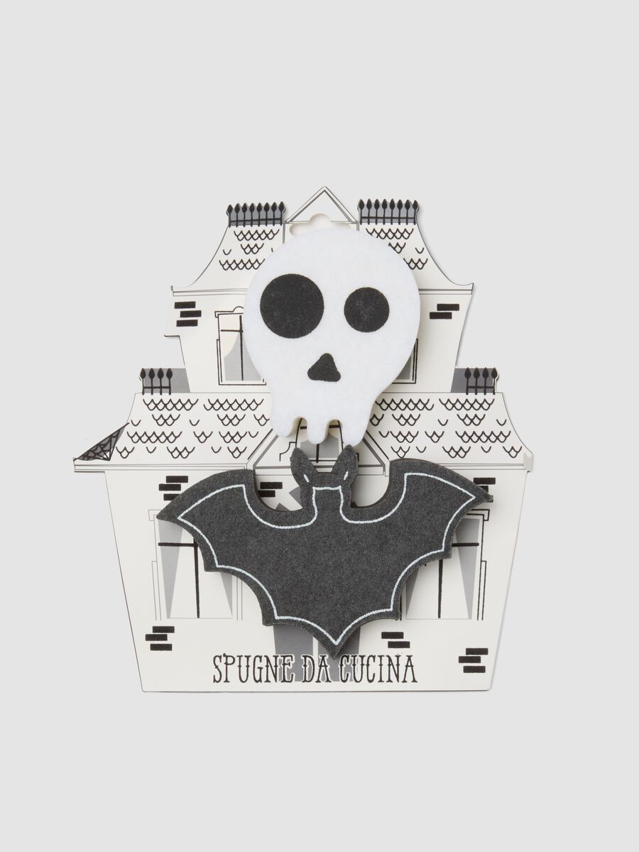 Schwarz-weisses K&uuml;chenschwamm-Set in Totenkopf- und Fledermausform_0